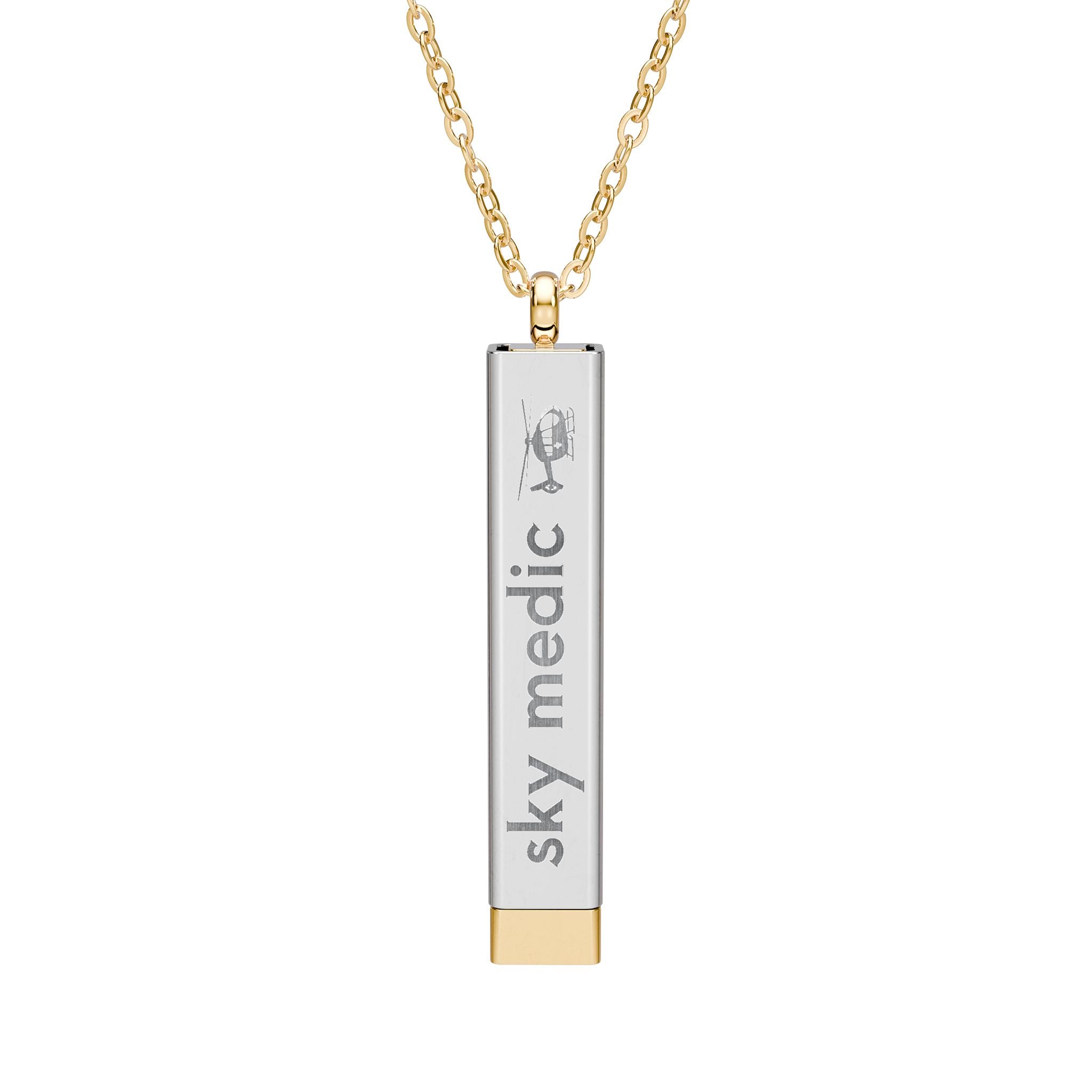 Silver and gold two-toned necklace with a cylindrical pendant engraved with 'sky medic' with hidden interior engraving "What's your superpower?" by Rotor Wash & Wear
