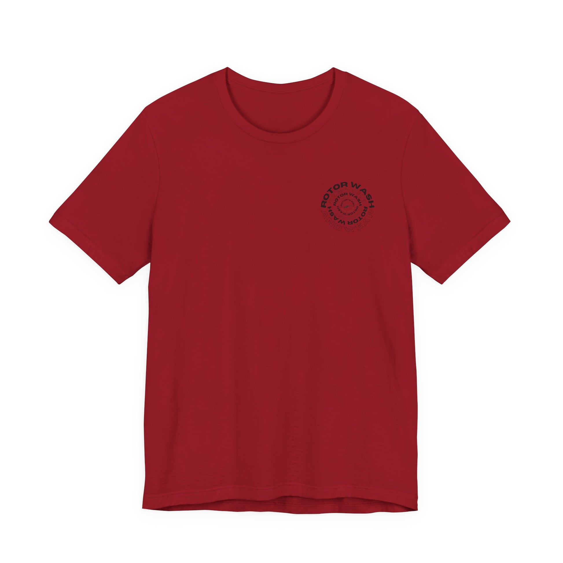 Red t-shirt with 'Rotor Wash and Wear' circular design text design on the left chest on a white background