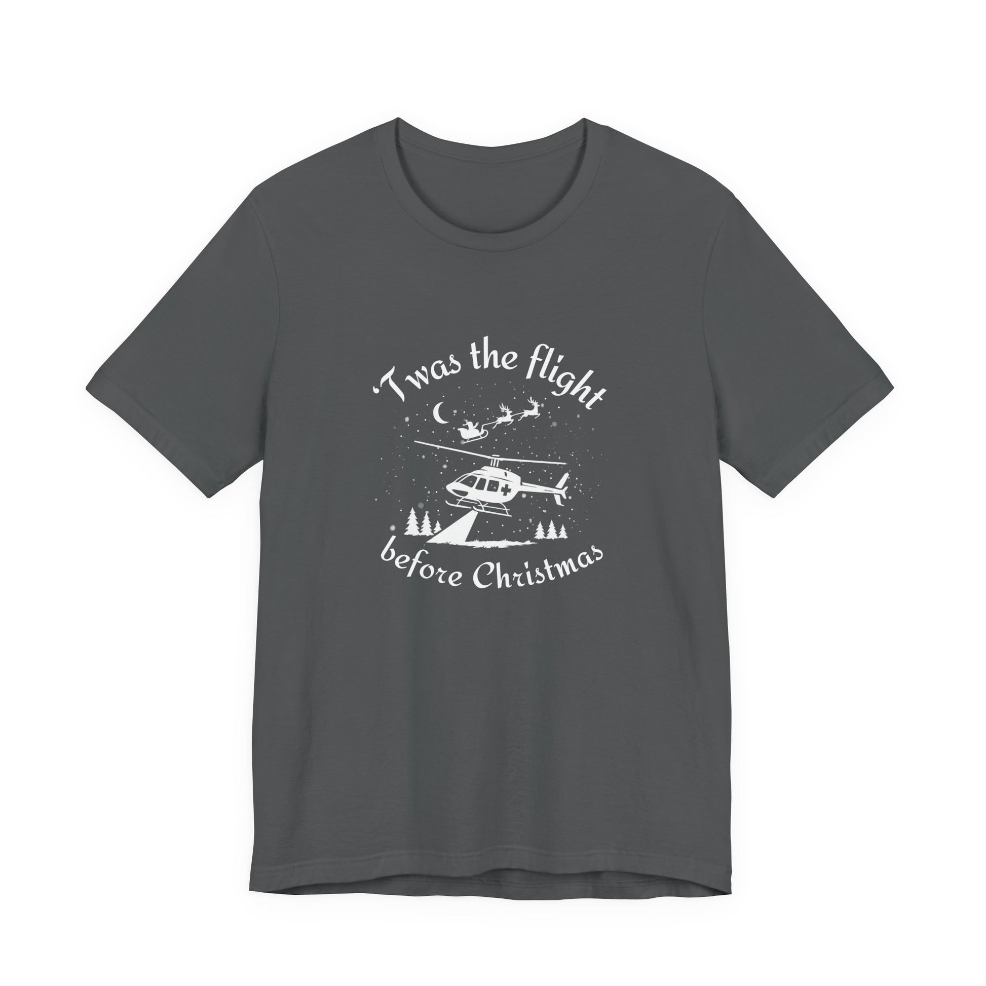 Gray t-shirt with helicopter graphic and Santa and his sleigh in the background with text "'Twas the flight before Christmas" by Rotor Wash & Wear