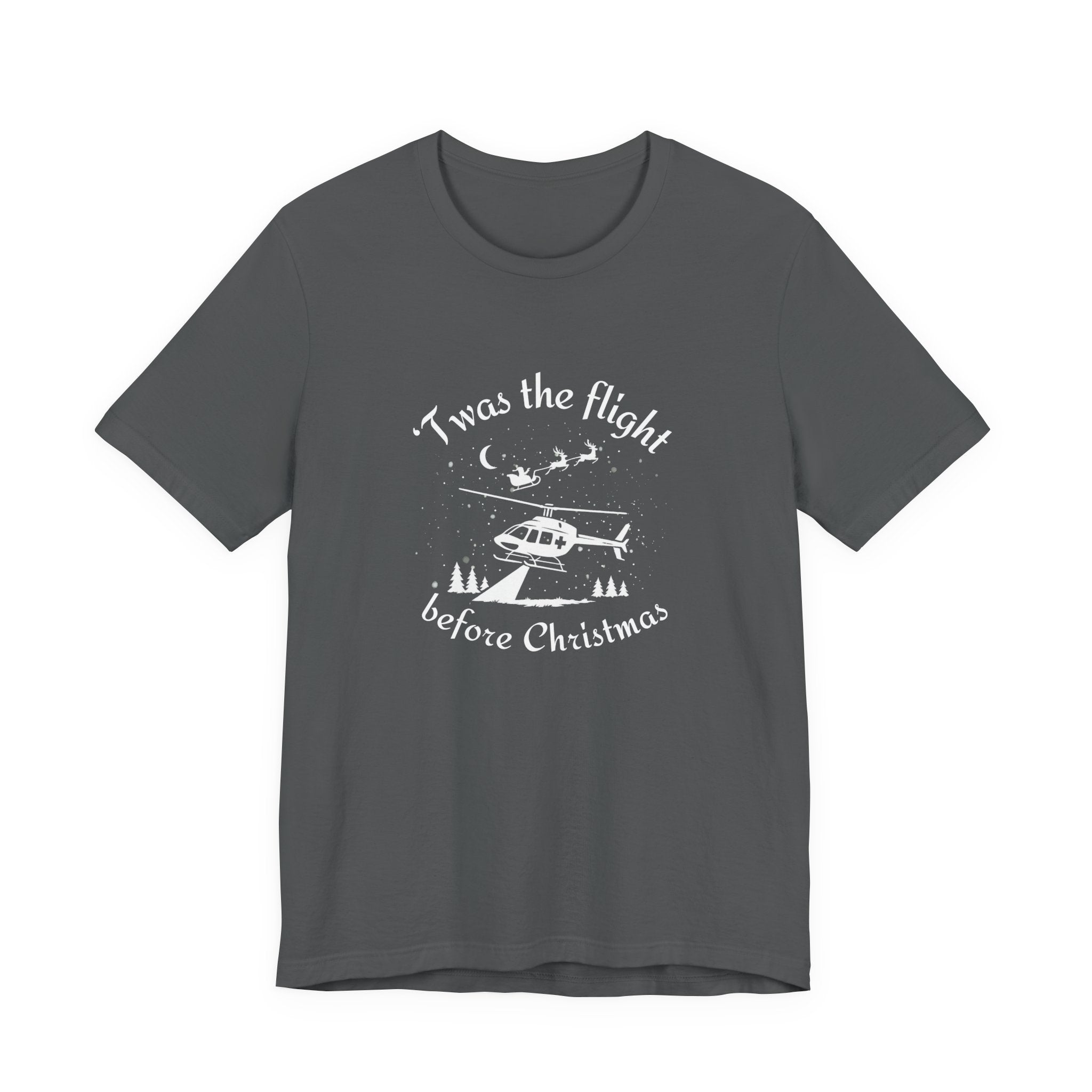 Gray t-shirt with helicopter graphic and Santa and his sleigh in the background with text "'Twas the flight before Christmas" by Rotor Wash & Wear
