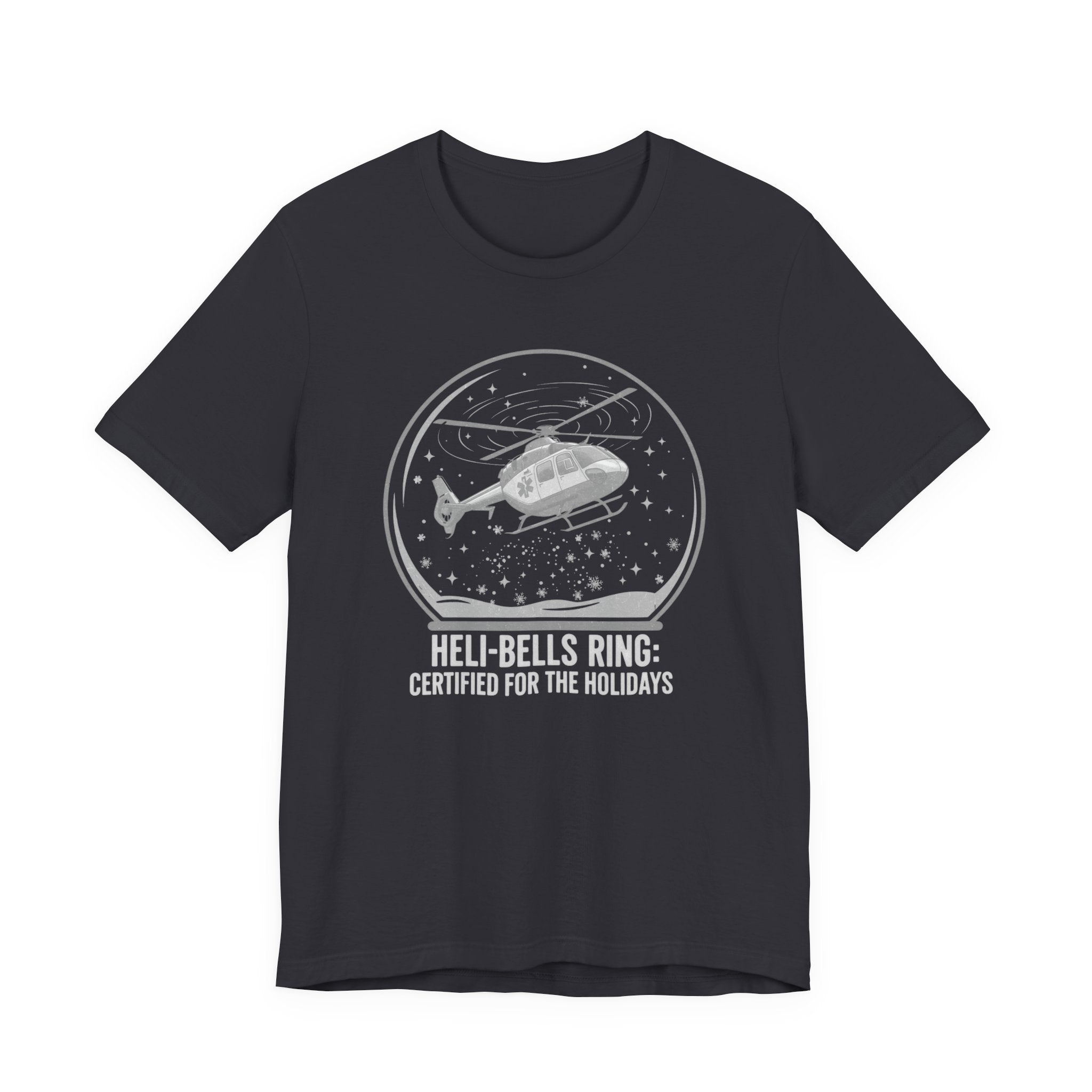 Black t-shirt with a graphic of a helicopter in a snow globe and text "Heli-bells ring: certified for the holidays" by Rotor Wash & Wear