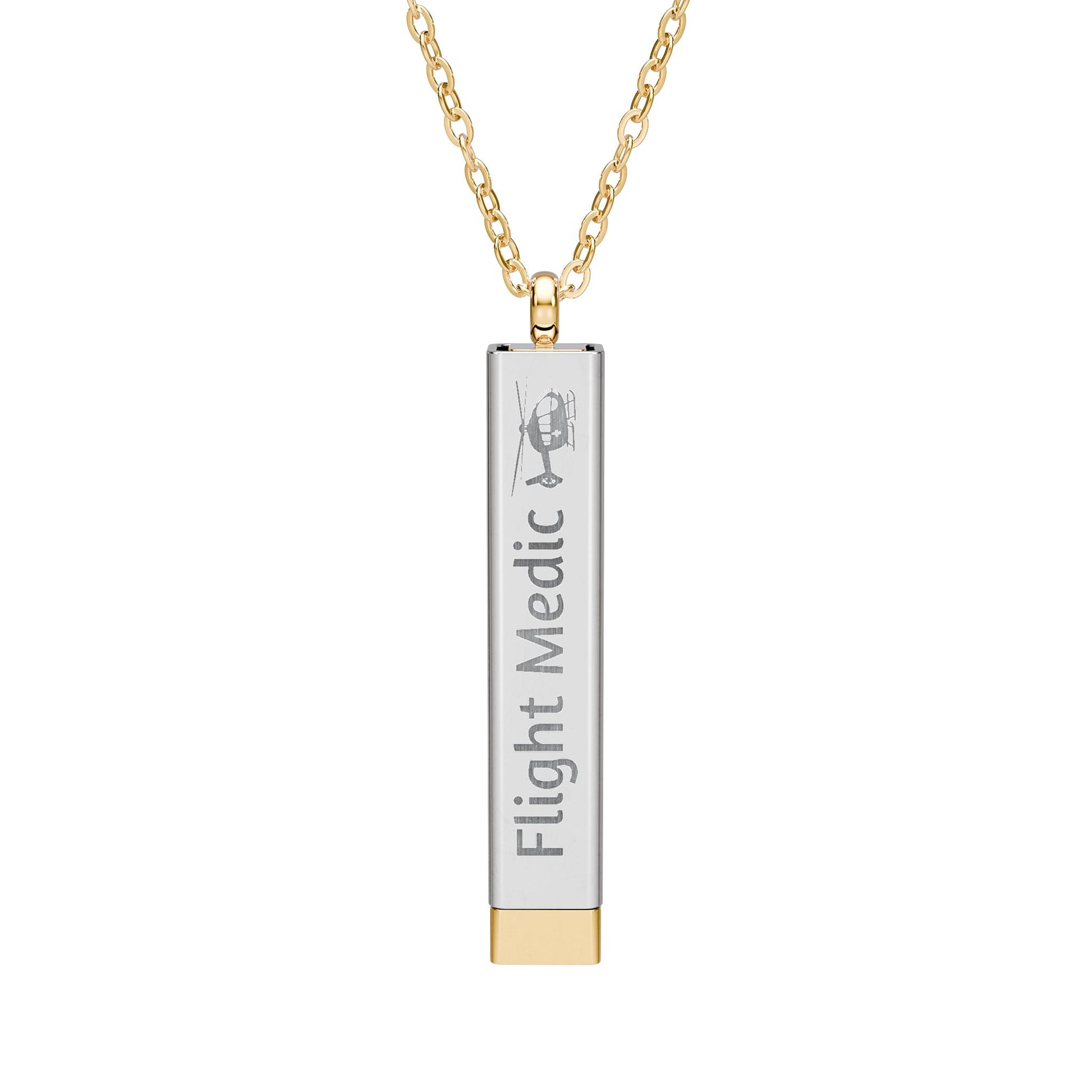 Silver and gold two-toned necklace with a cylindrical pendant engraved with 'flight medic' with hidden interior engraving "Fly Safe. Come home." by Rotor Wash & Wear