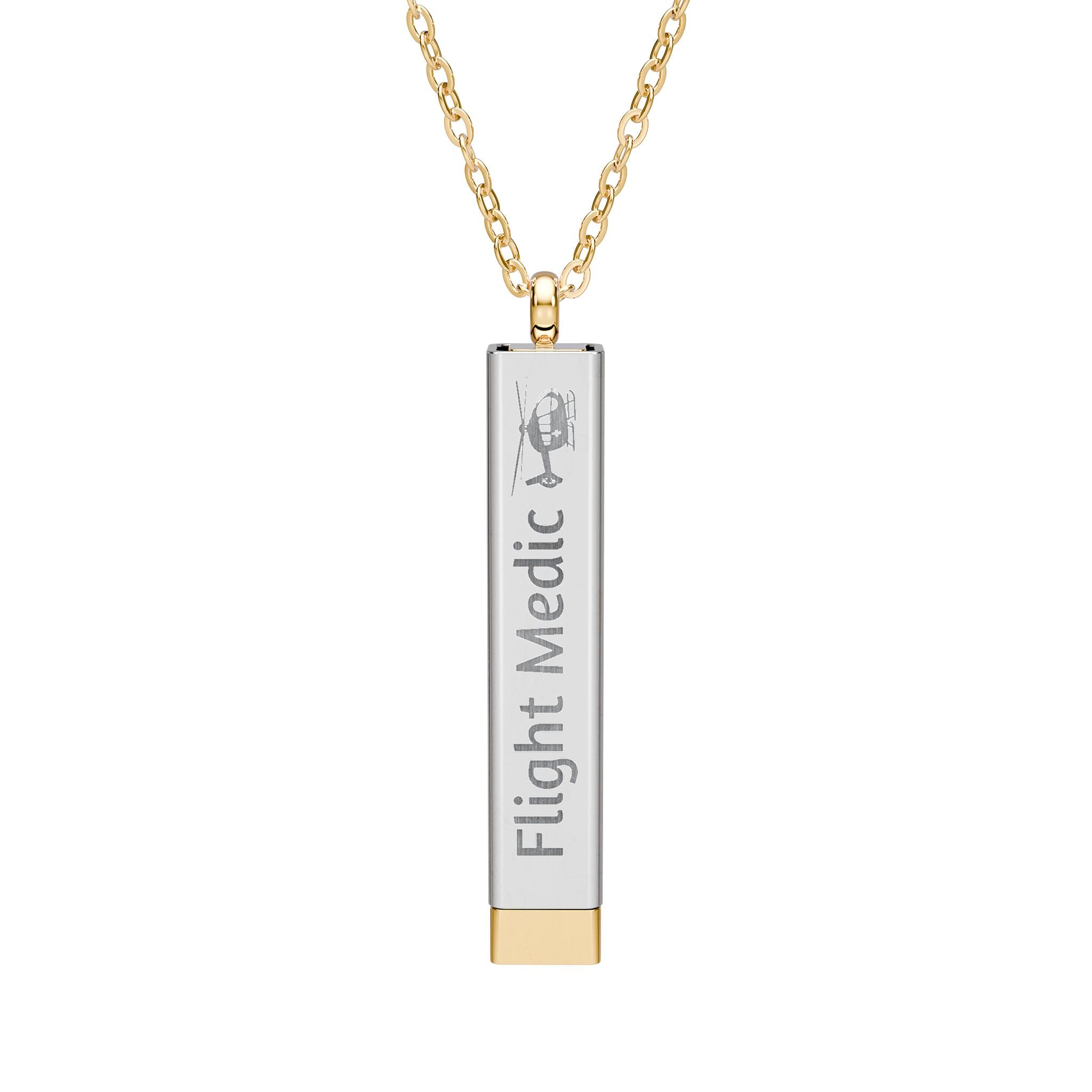 Silver and gold two-toned necklace with a cylindrical pendant engraved with 'flight medic' with hidden interior engraving "Fly Safe. Come home." by Rotor Wash & Wear