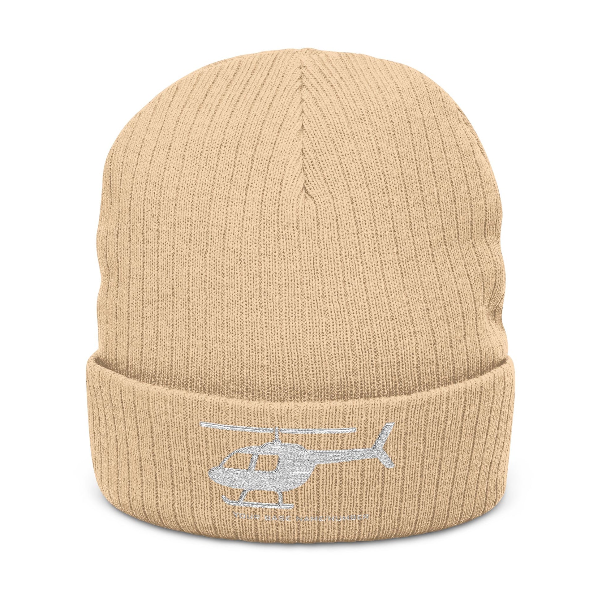 Beige beanie with helicopter logo on a white background