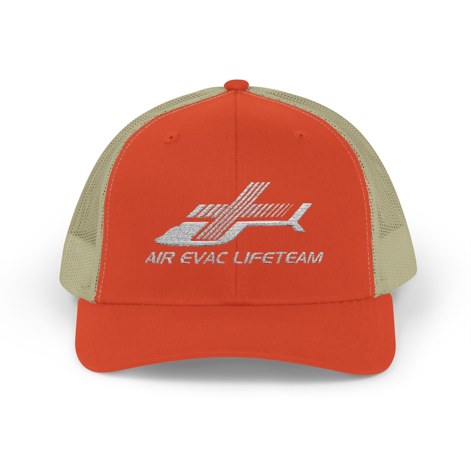 Orange and beige cap with 'Air Evac Lifeteam' embroidered logo on a white background