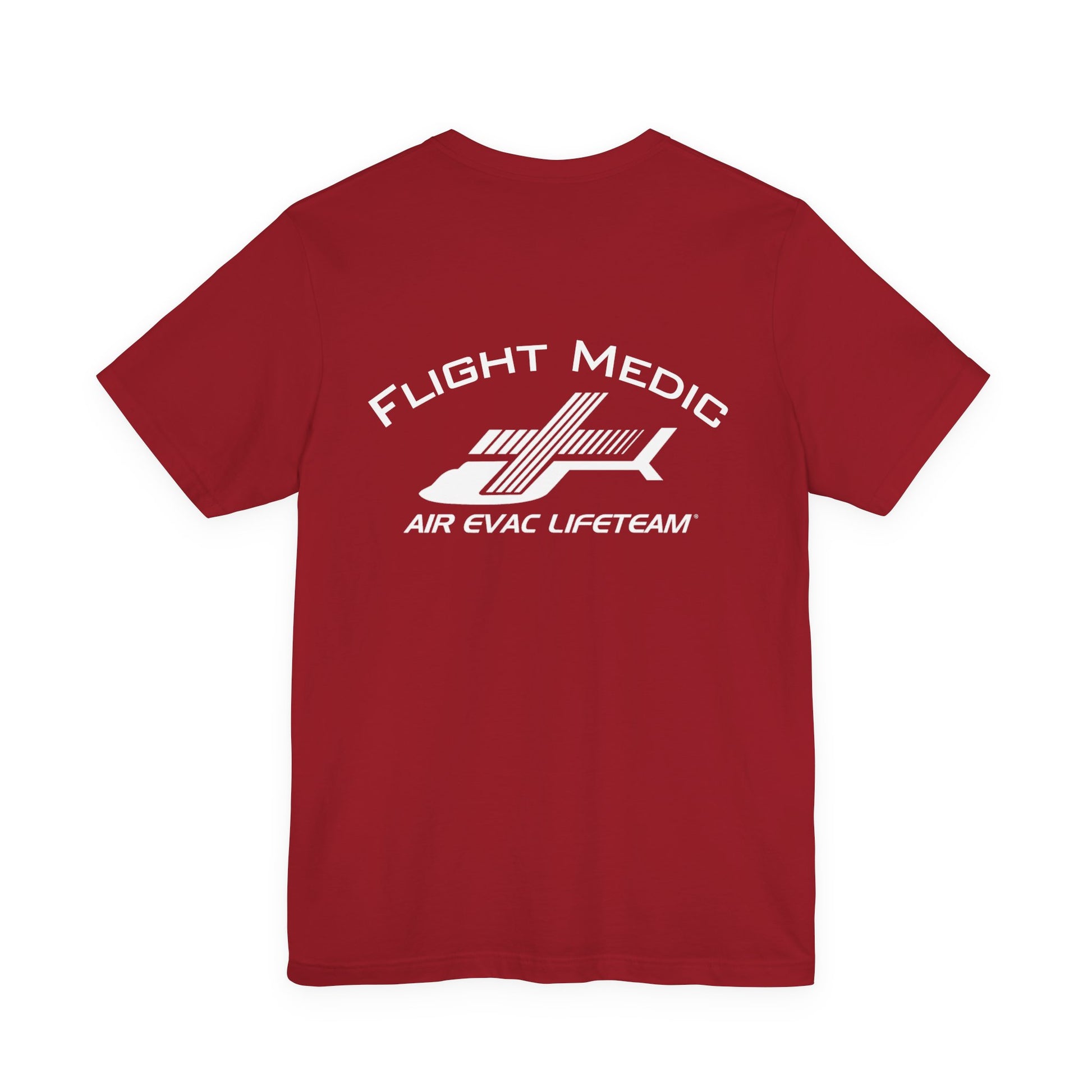 Red  t-shirt with 'Flight Medic" text and Air Evac Lifeteam' logo on the back by Rotor Wash & Wear