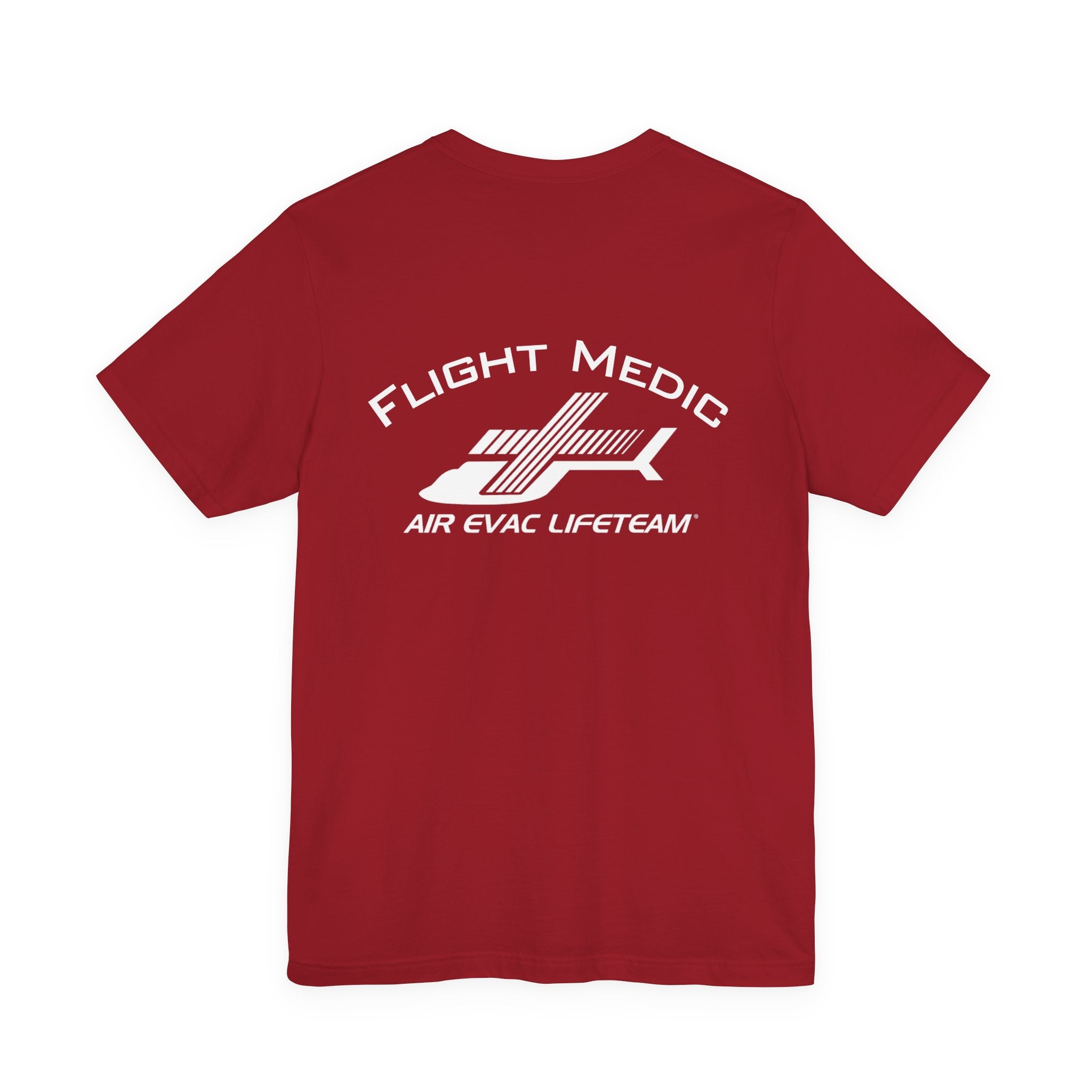 Red  t-shirt with 'Flight Medic" text and Air Evac Lifeteam' logo on the back by Rotor Wash & Wear