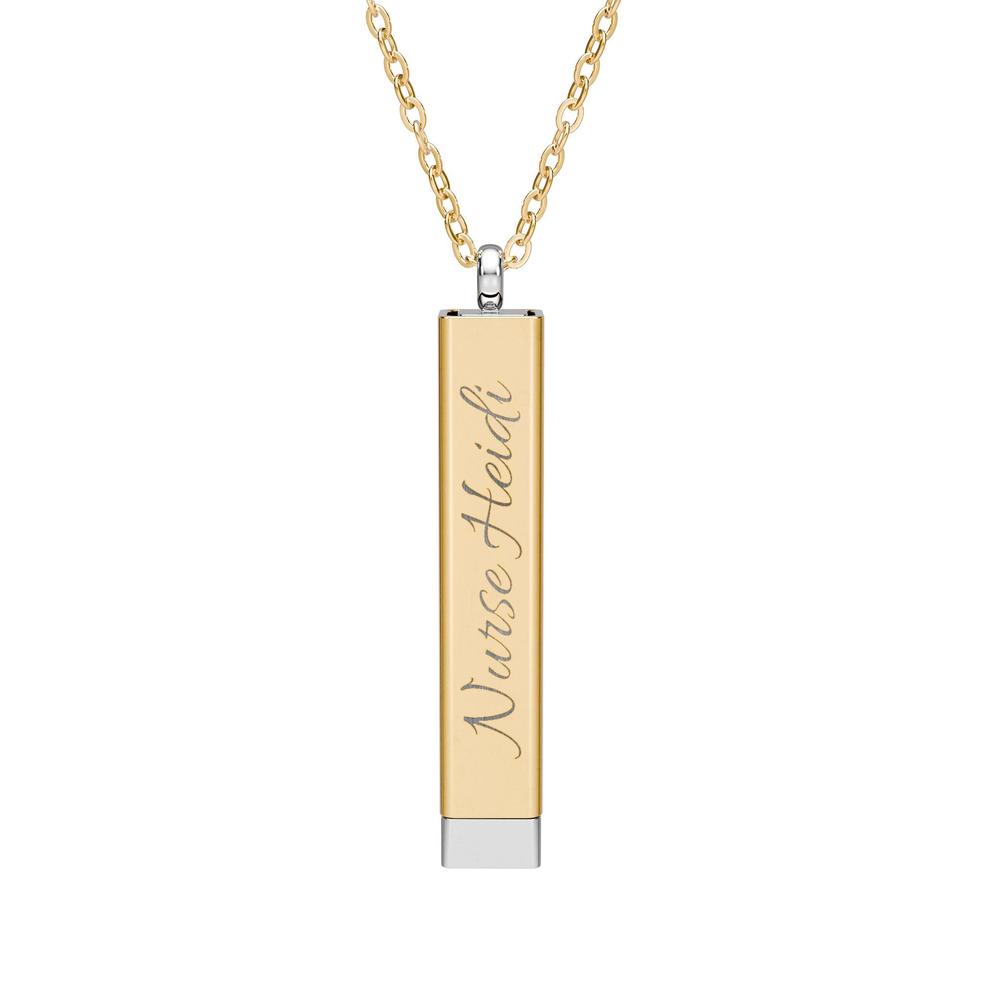 Silver and gold two-toned necklace with a cylindrical pendant customizable outer and hidden interior engraving by Rotor Wash & Wear