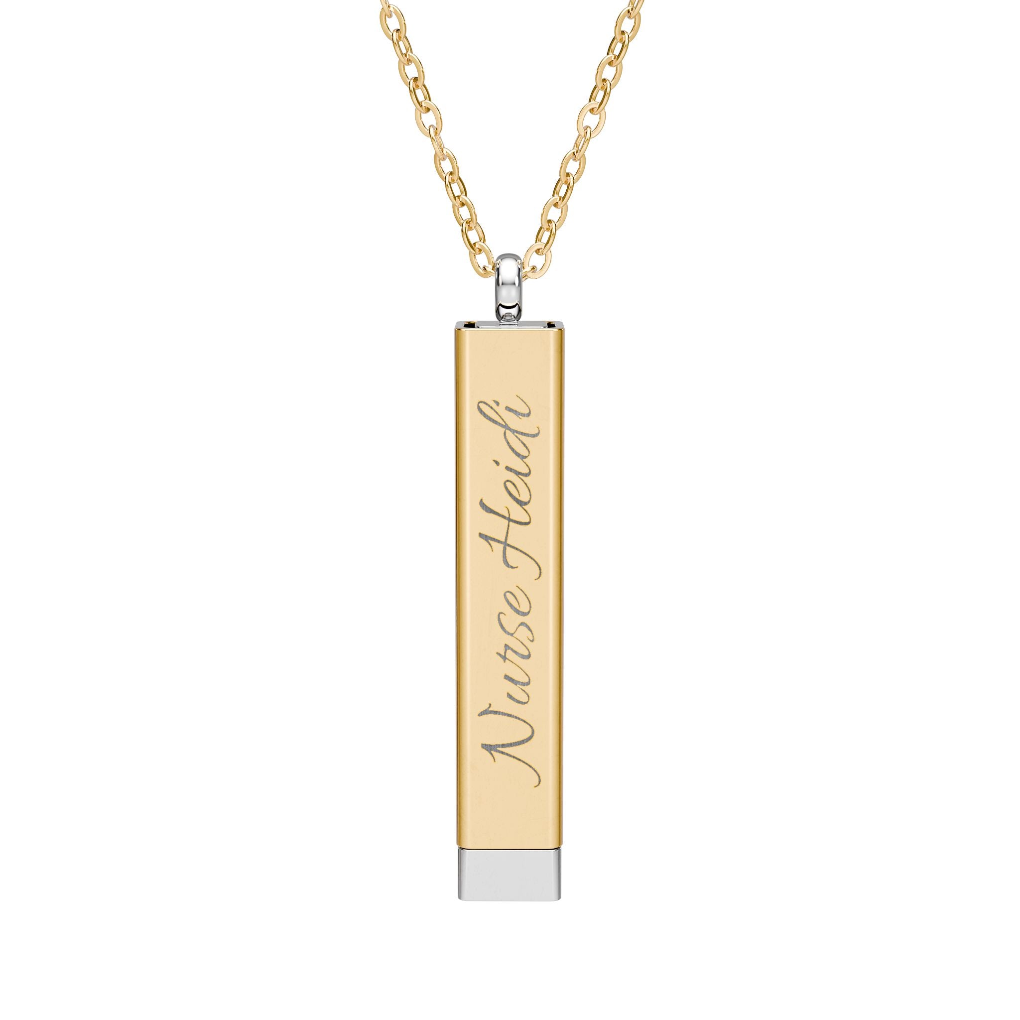 Silver and gold two-toned necklace with a cylindrical pendant customizable outer and hidden interior engraving by Rotor Wash & Wear