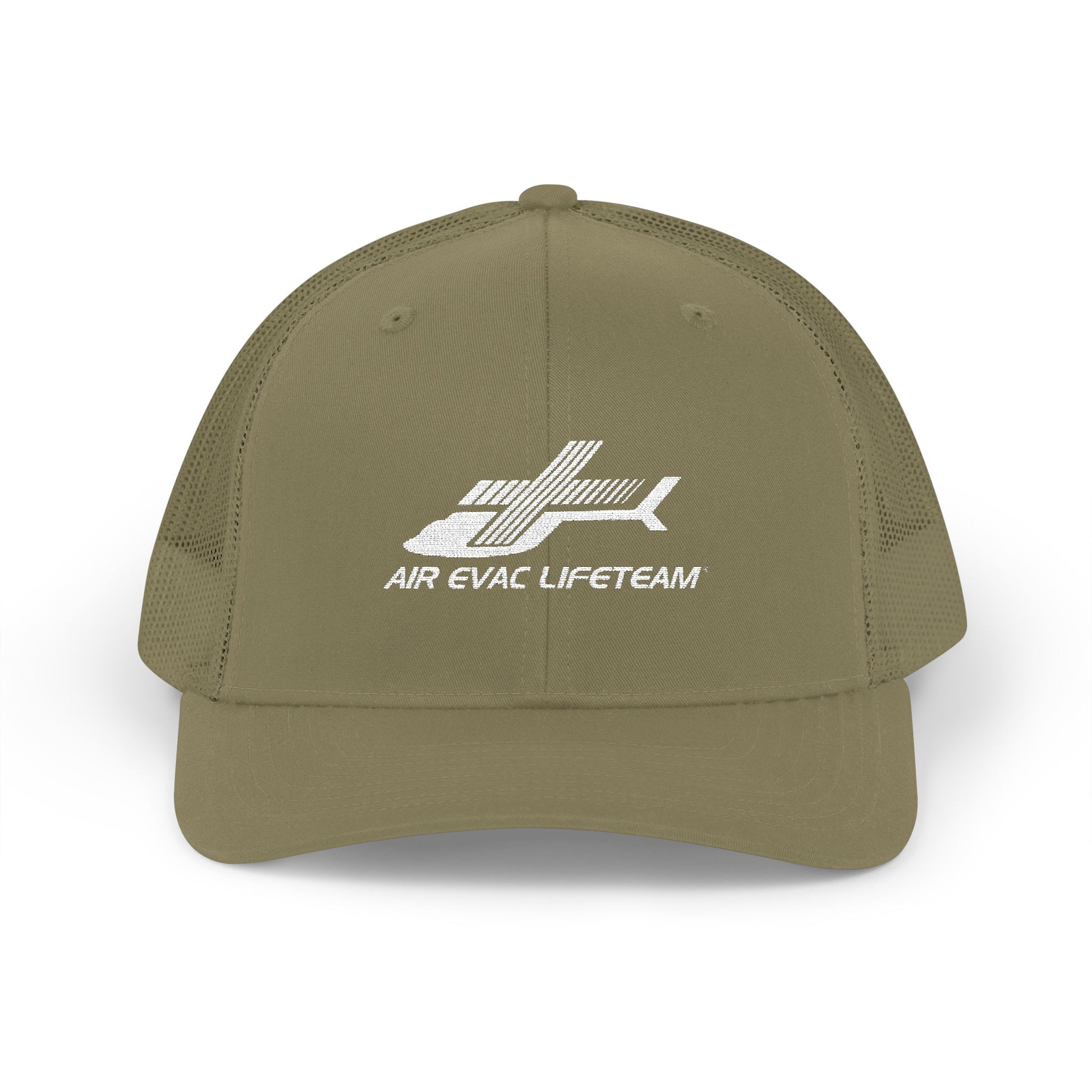 Olive green Richardson 112 trucker hat with 'Air Evac Lifeteam' logo by Rotor Wash & Wear
