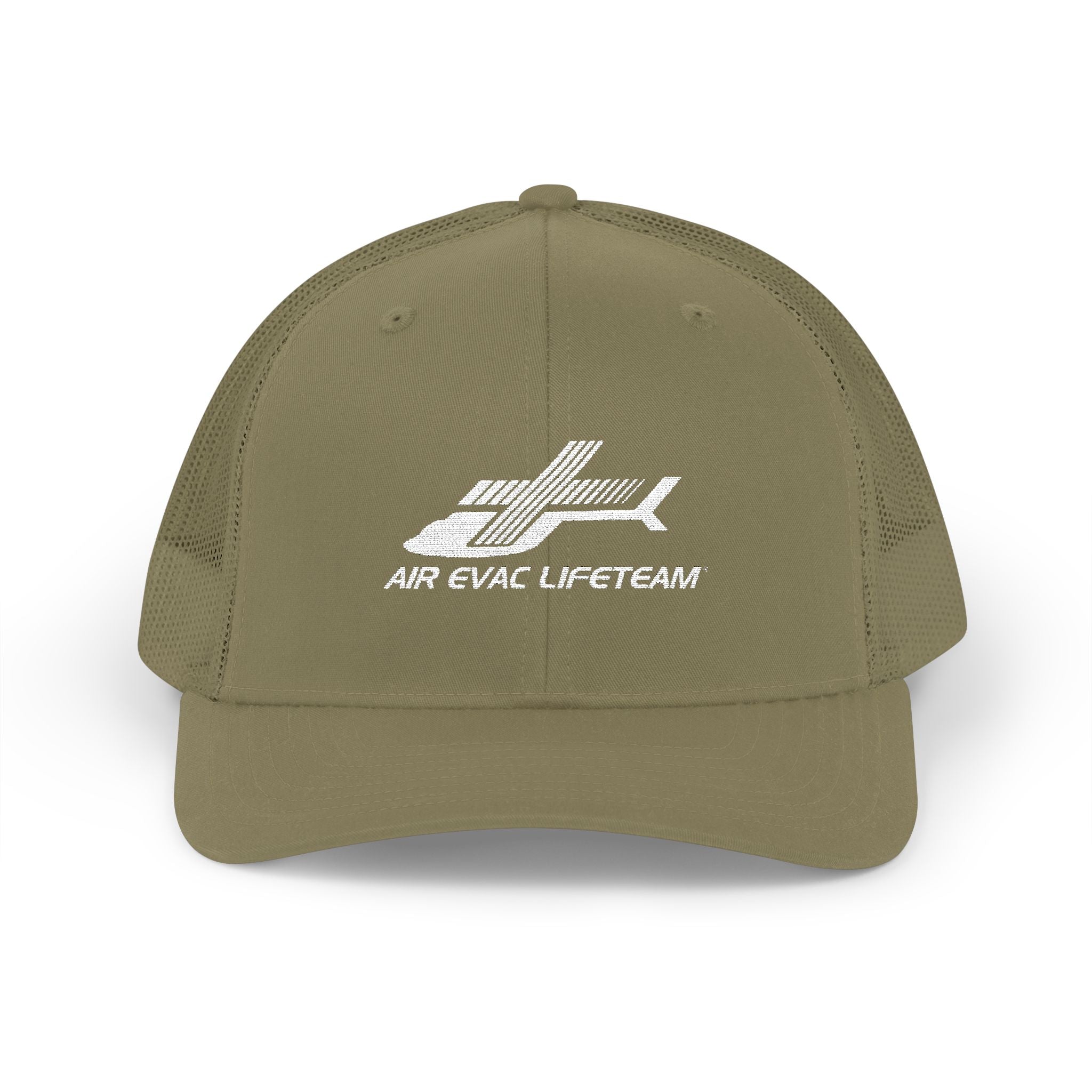 Olive green Richardson 112 trucker hat with 'Air Evac Lifeteam' logo by Rotor Wash & Wear