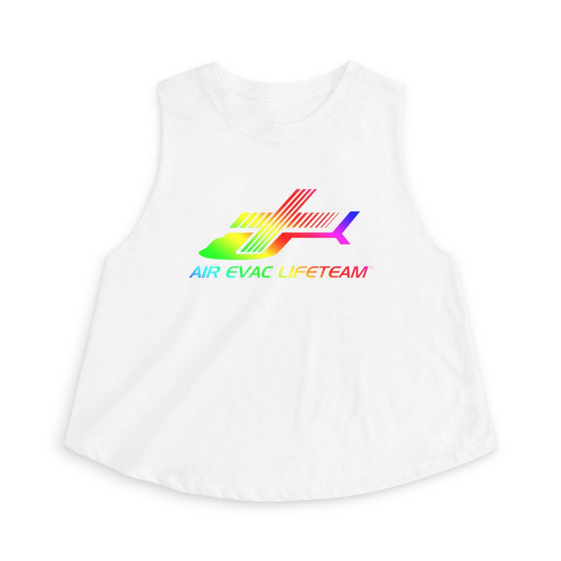 White sleeveless top with rainbow Air Evac Lifeteam logo by Rotor Wash & Wear