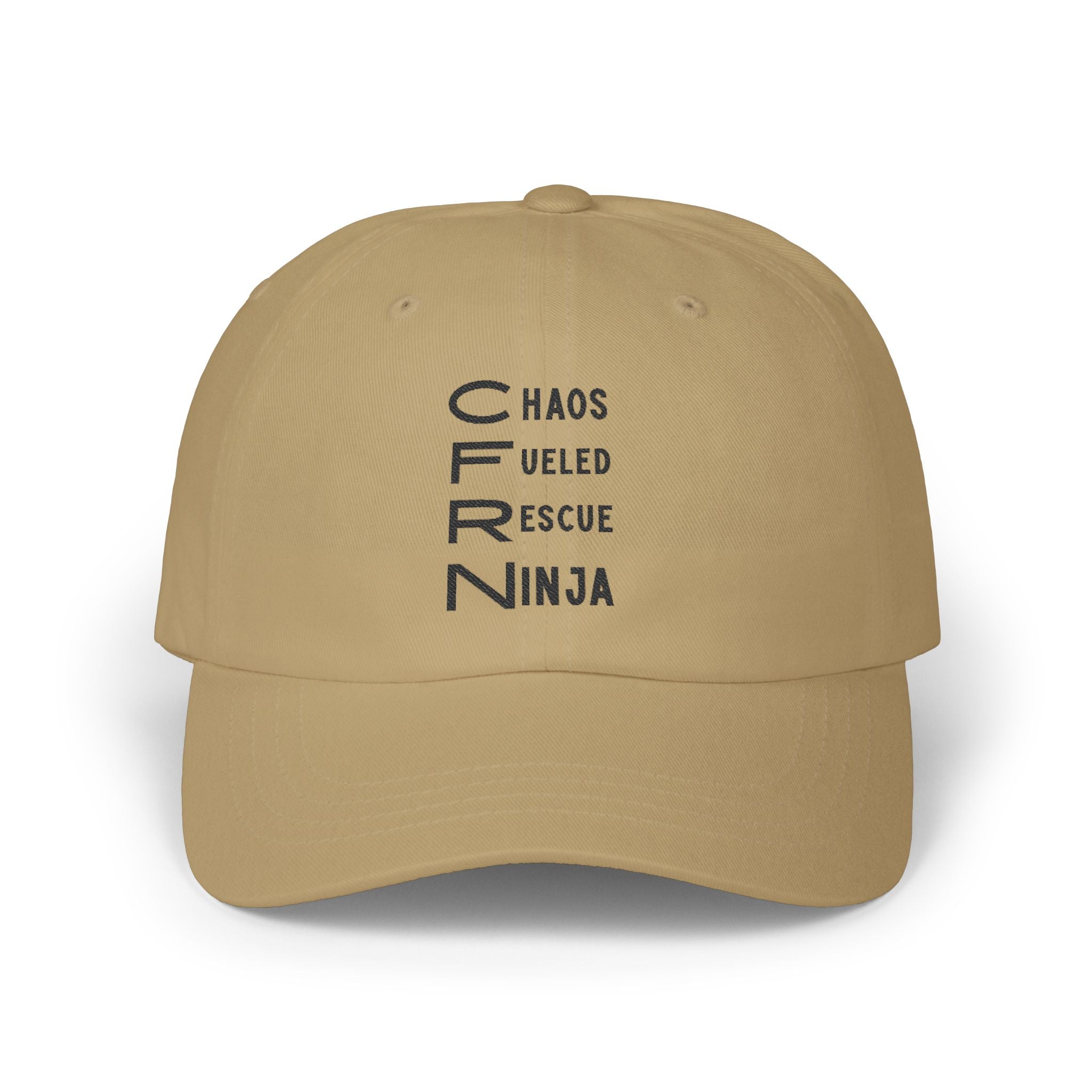 Khaki cap with CFRN 'Chaos Fueled Rescue Ninja' text on a white background
