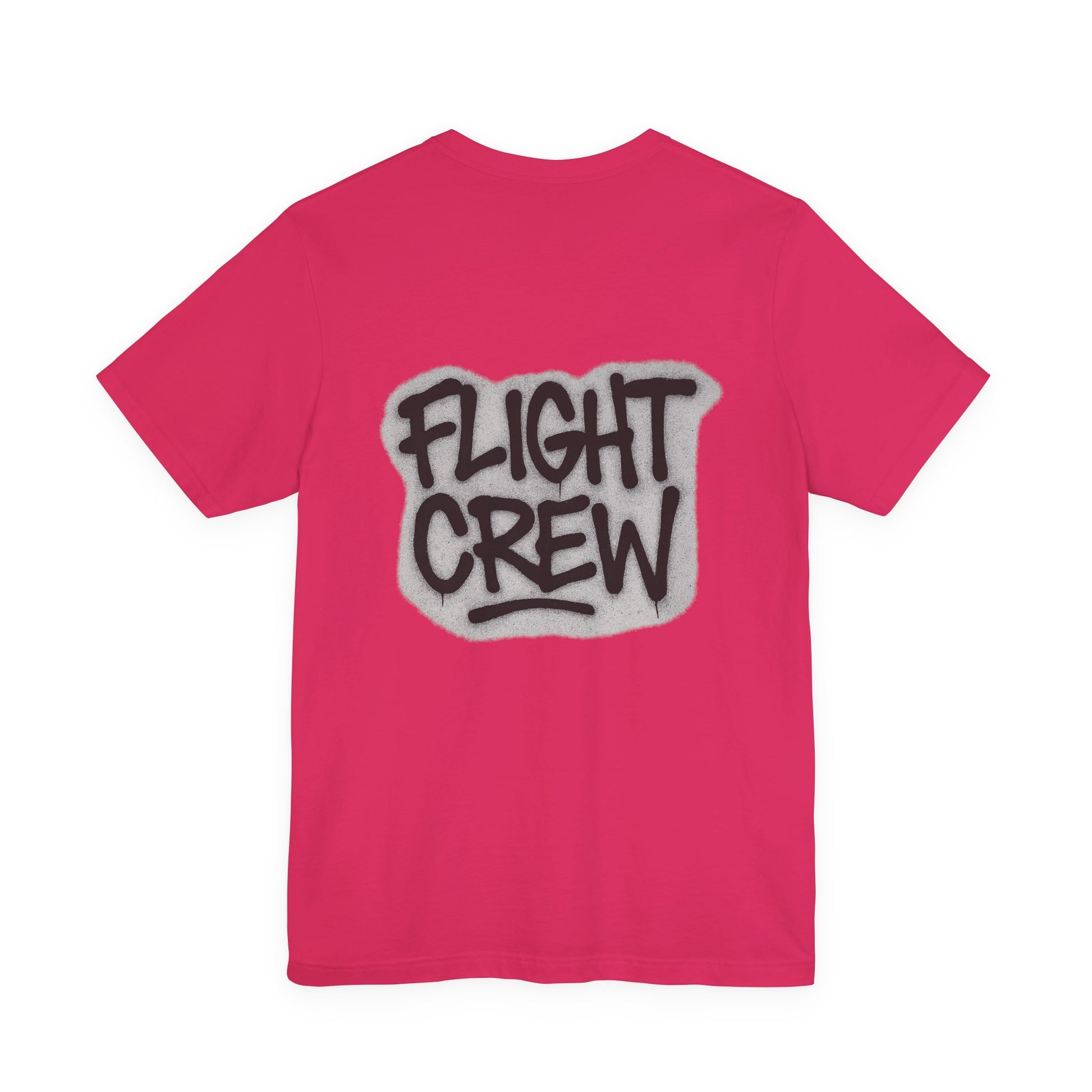 Pink t-shirt with graffiti style 'FLIGHT CREW' text on a white background