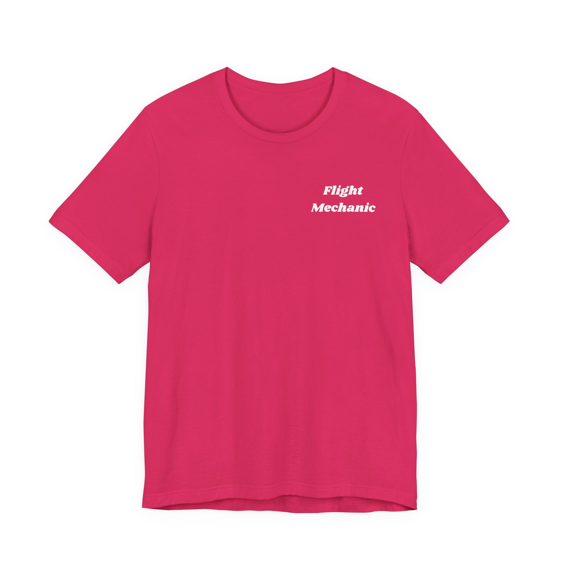 Pink t-shirt with 'Flight Mechanic' text on a white background