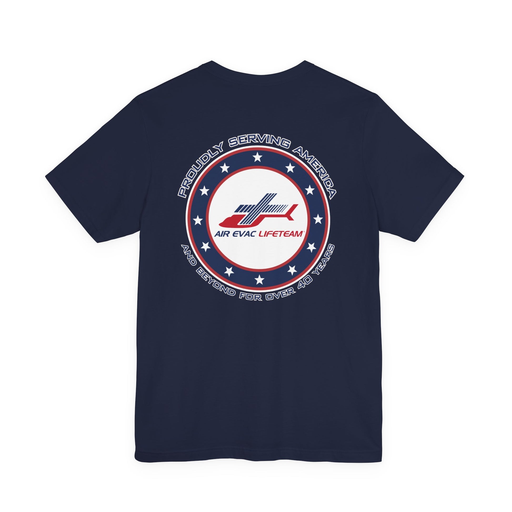 Navy blue t-shirt with a patriotic Air Evac Lifeteam logo and text 'Proudly serving America and beyond for over 40 years' by Rotor Wash & Wear