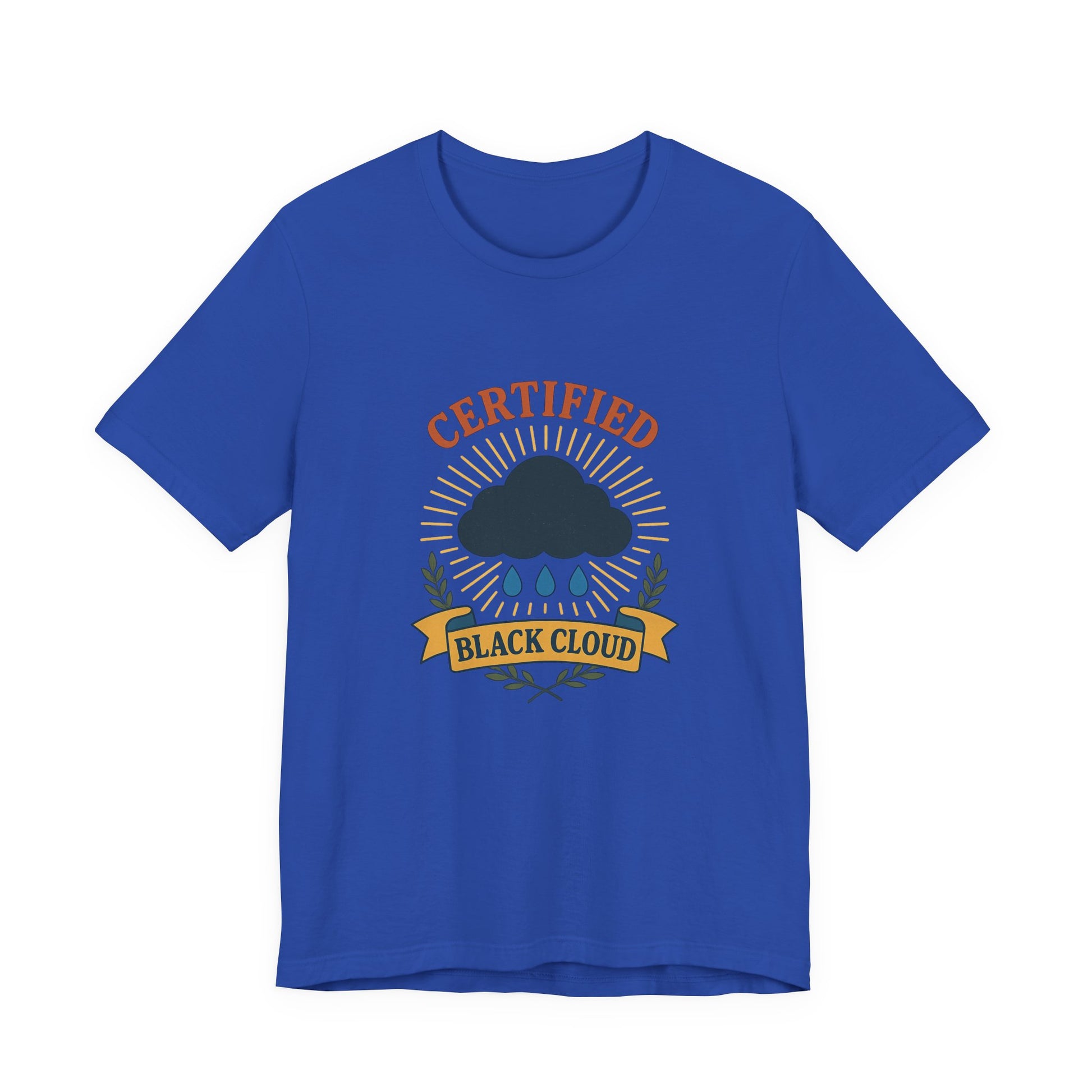 Blue t-shirt with 'Certified Black Cloud' graphic on a white background