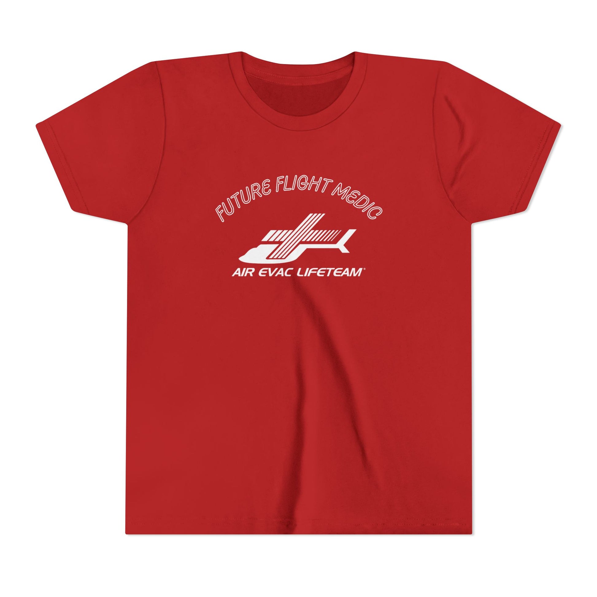 Red kid's t-shirt with Air Evac Lifeteam logo and text "Future Flight Medic" by Rotor Wash & Wear