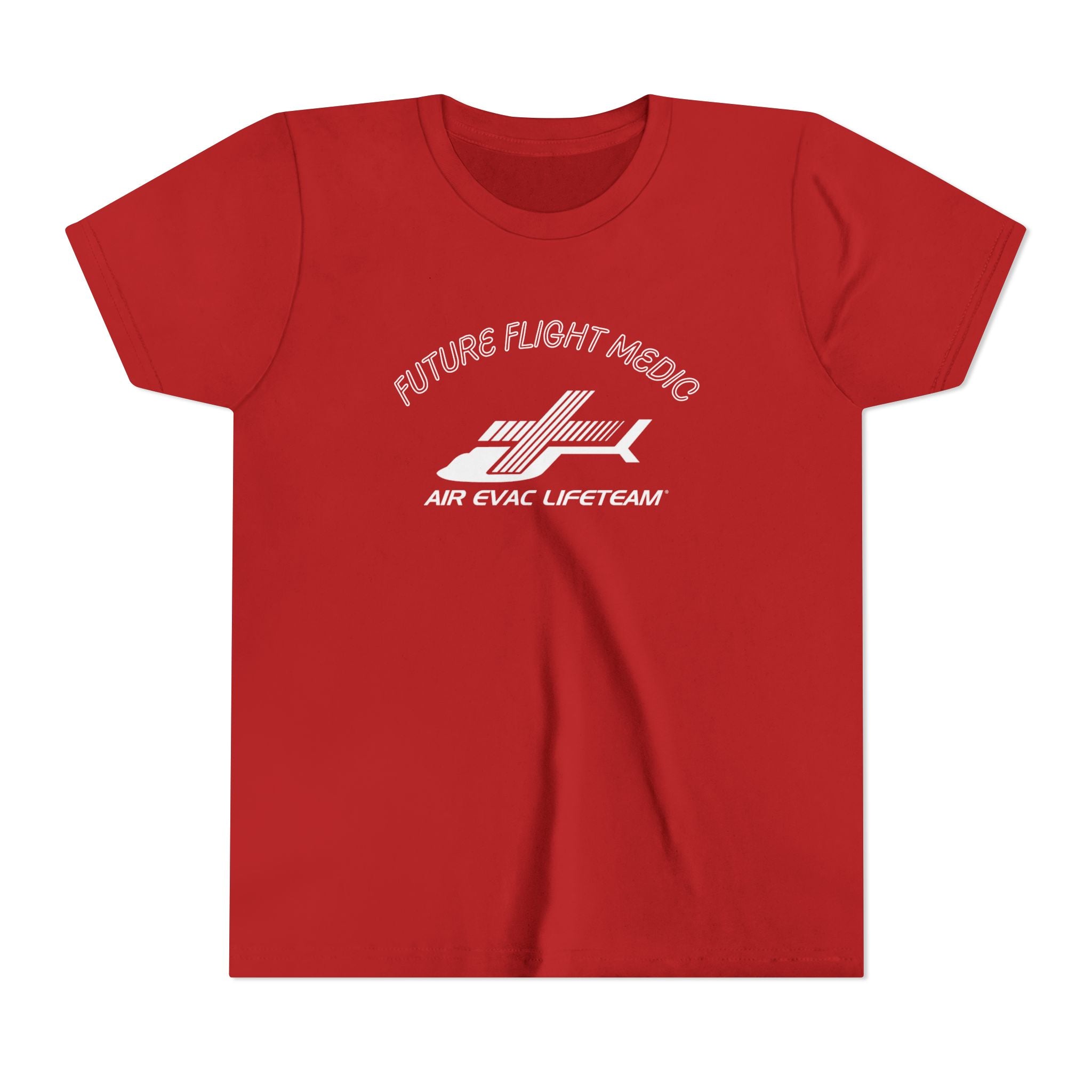 Red kid's t-shirt with Air Evac Lifeteam logo and text "Future Flight Medic" by Rotor Wash & Wear