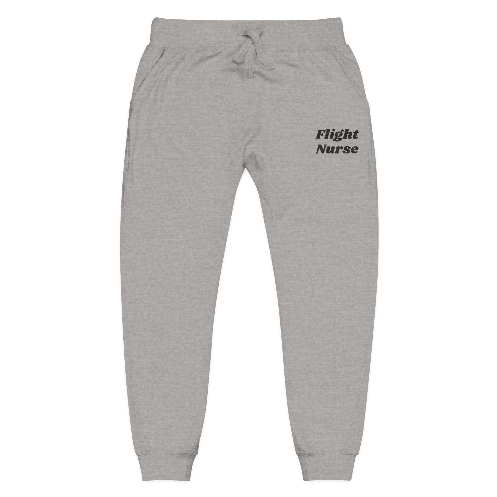 Gray  joggers with 'Flight Nurse' embroidered text on a white background