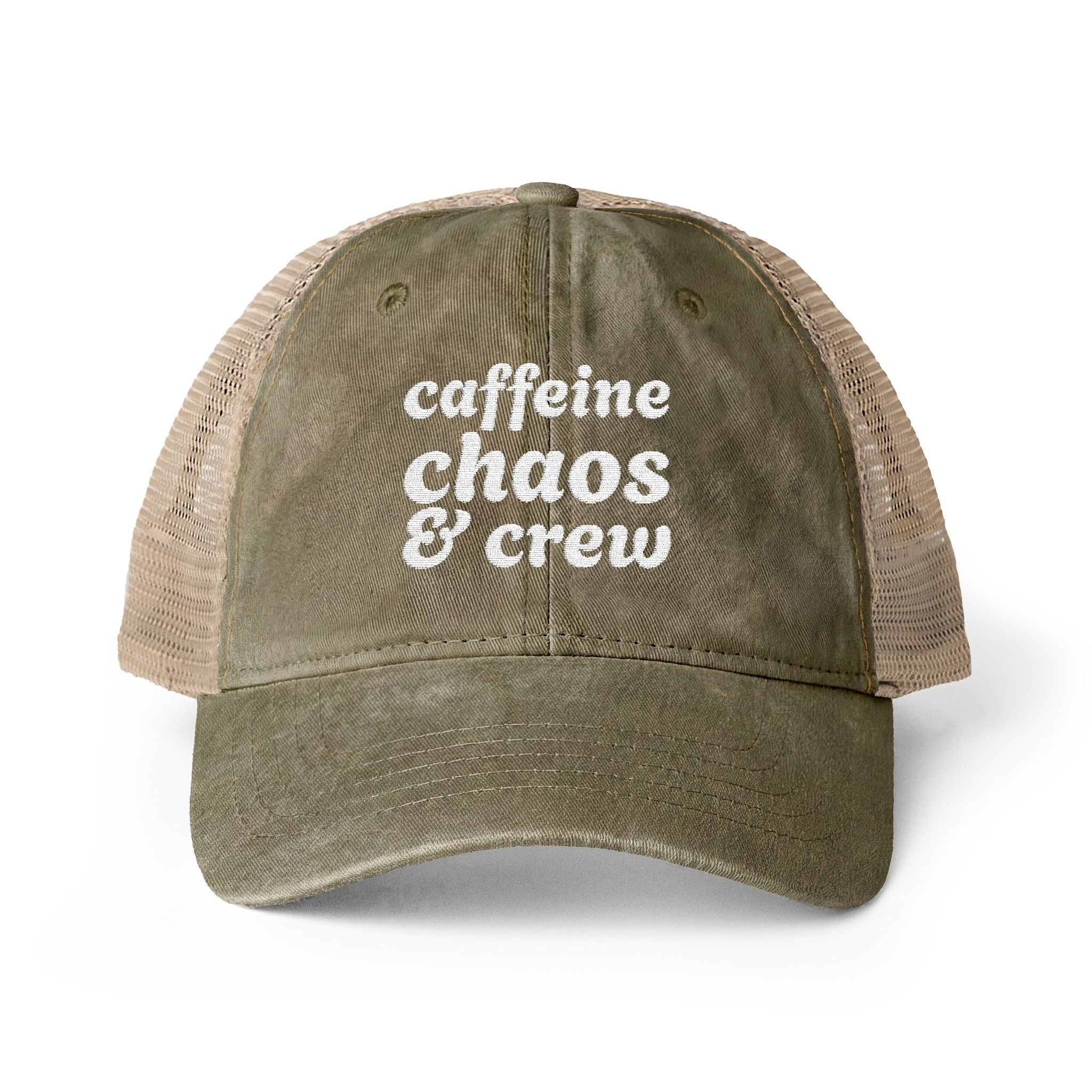 Women's "Caffeine, Chaos & Crew" Embroidered Trucker Hat