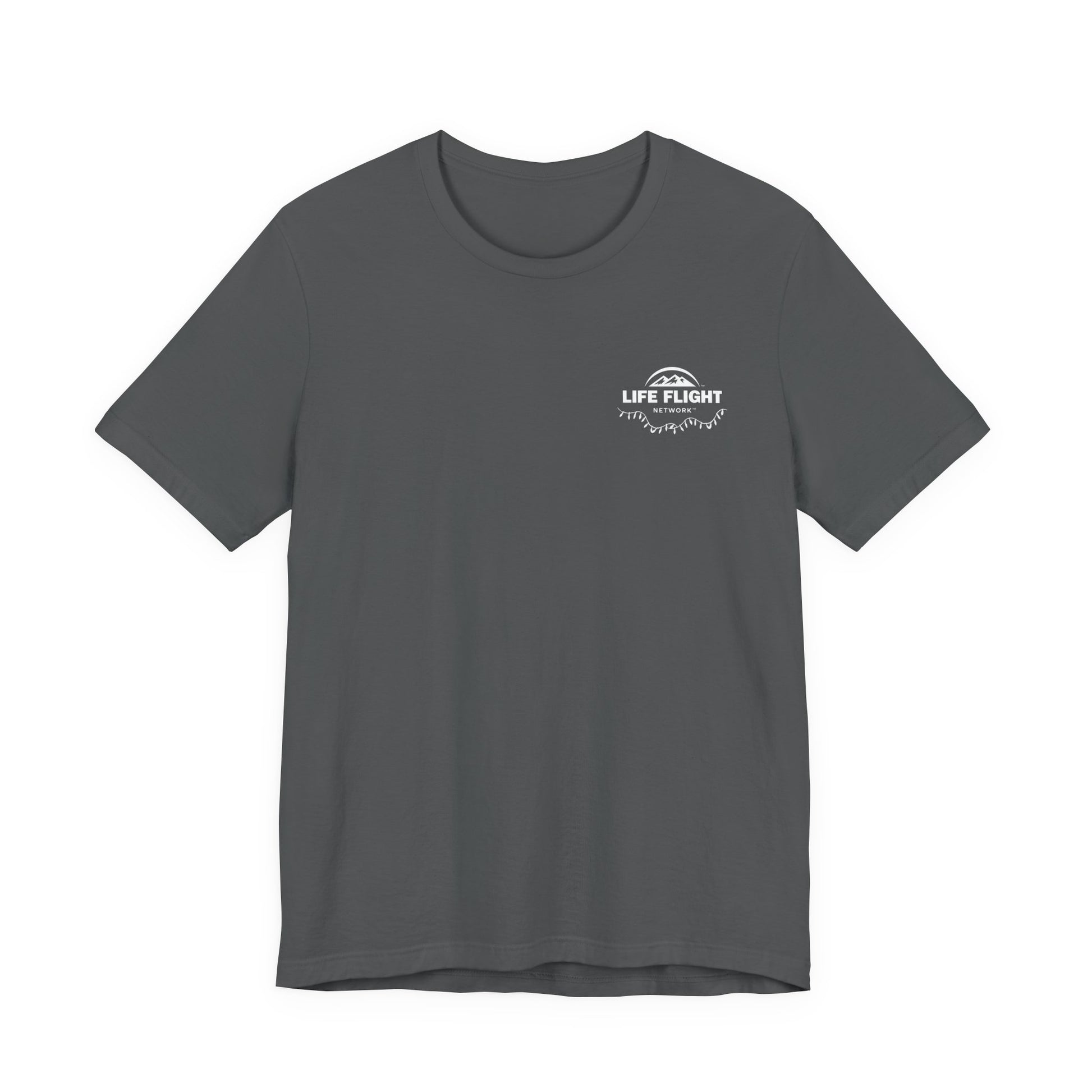 Gray t-shirt with a Life Flight logo with Christmas lights on the chest by Rotor Wash & Wear