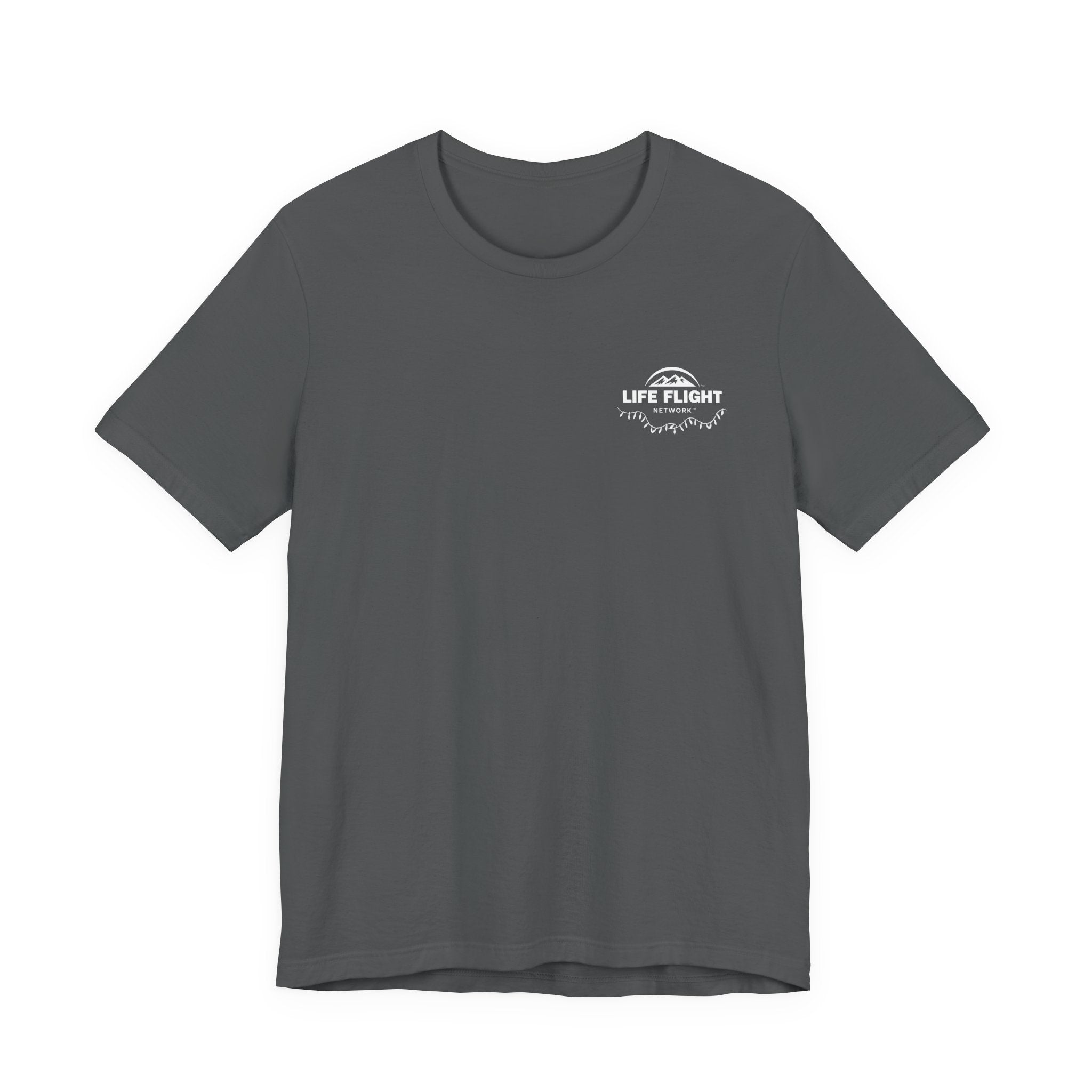 Gray t-shirt with a Life Flight logo with Christmas lights on the chest by Rotor Wash & Wear