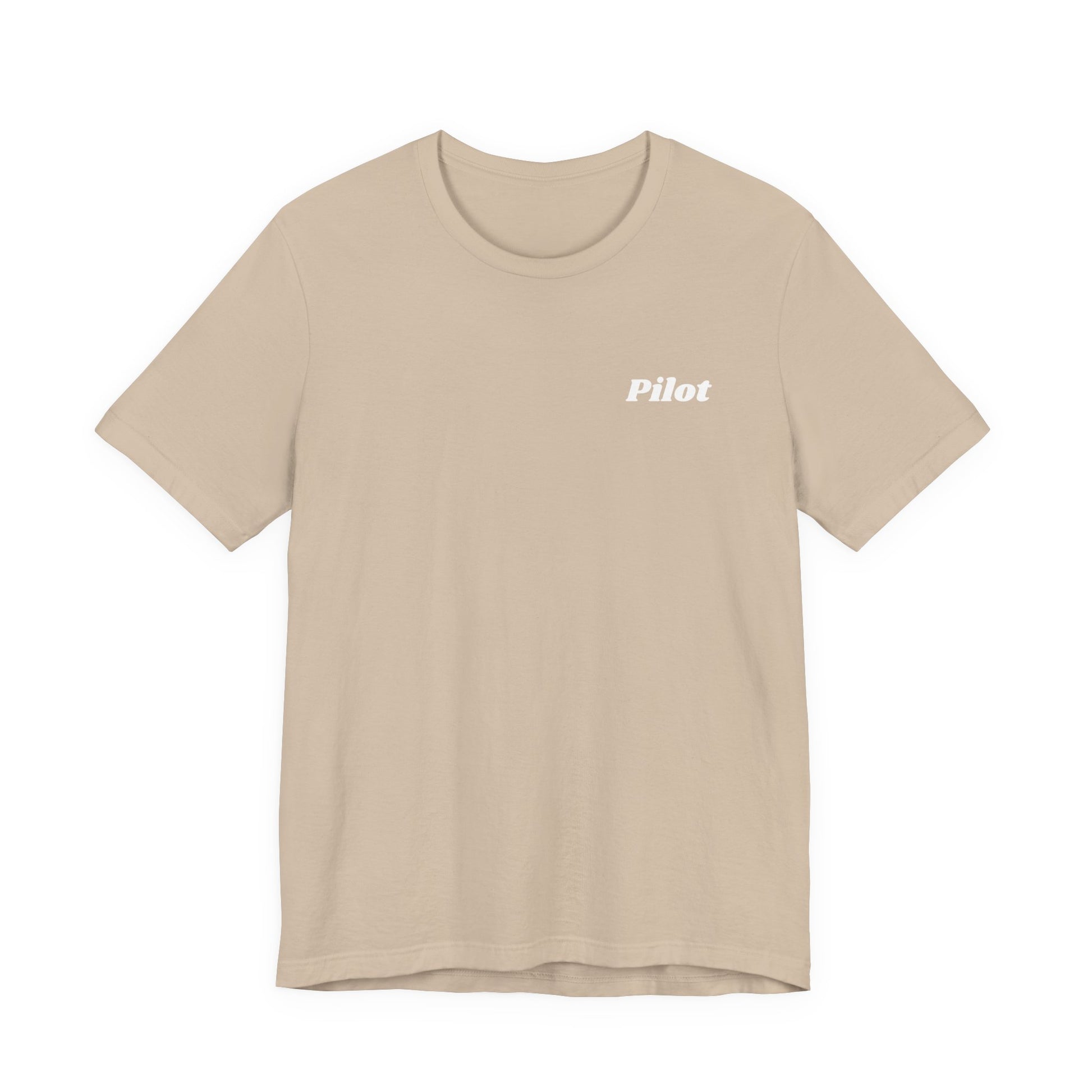Beige t-shirt with 'Pilot' text on a white background