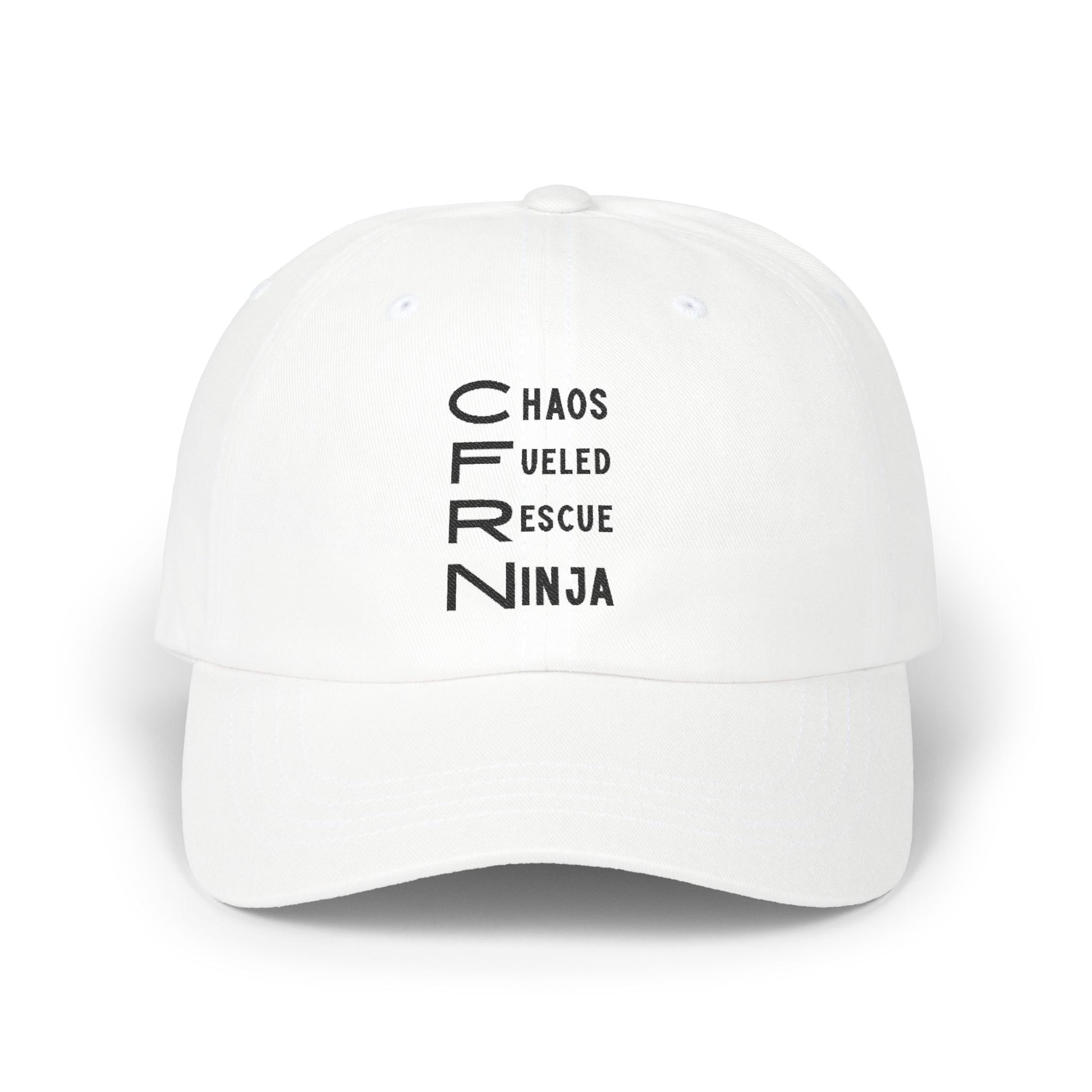 White cap with CFRN 'Chaos Fueled Rescue Ninja' text on a white background