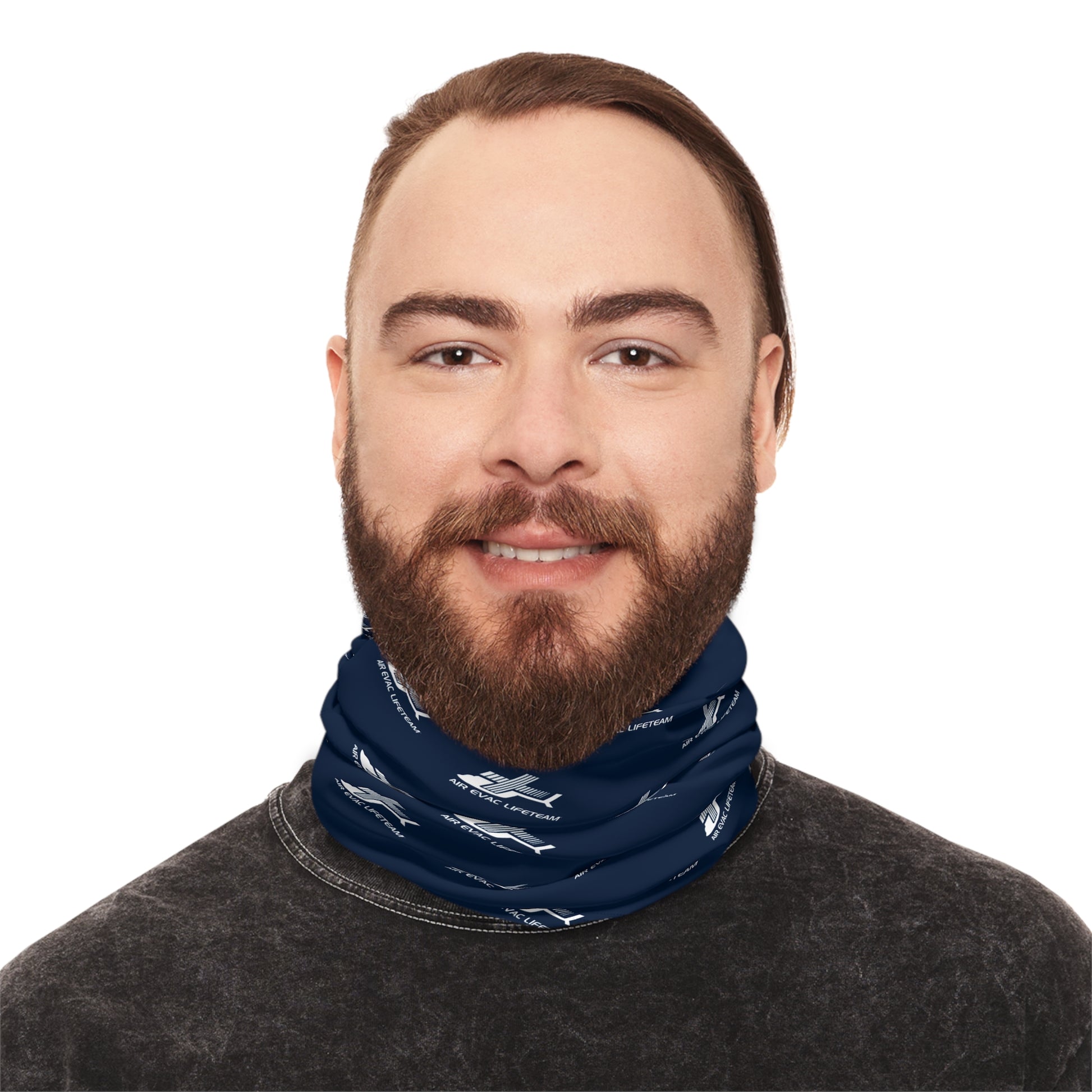 Person wearing navy blue neck gaiter with white Air Evac Lifeteam logos on a white background
