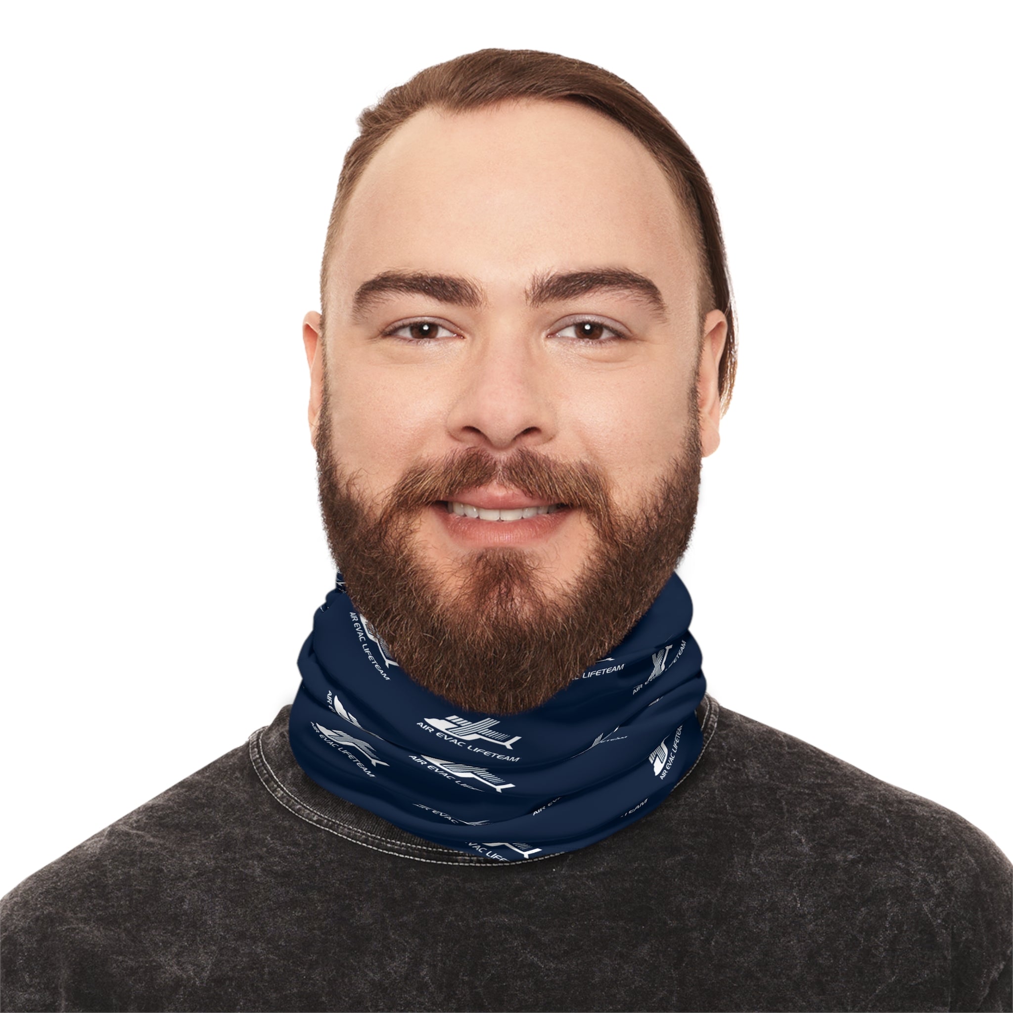Person wearing navy blue neck gaiter with white Air Evac Lifeteam logos on a white background