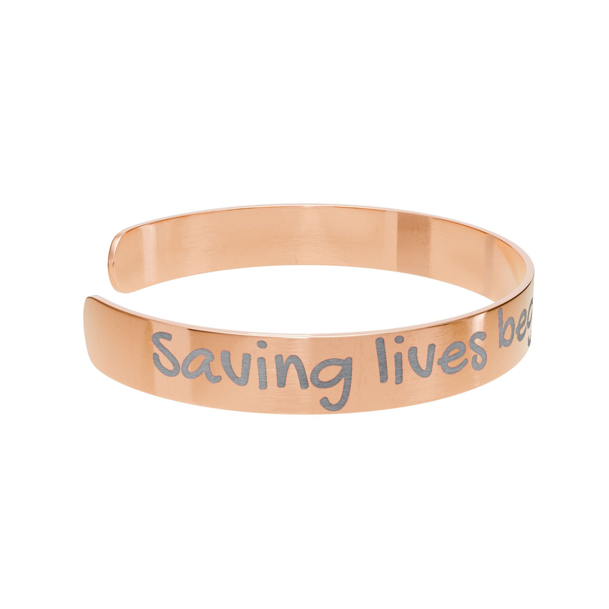 Rose gold bracelet with engraved text "saving lives begins with kindness" by Rotor Wash & Wear and EMS Avenger
