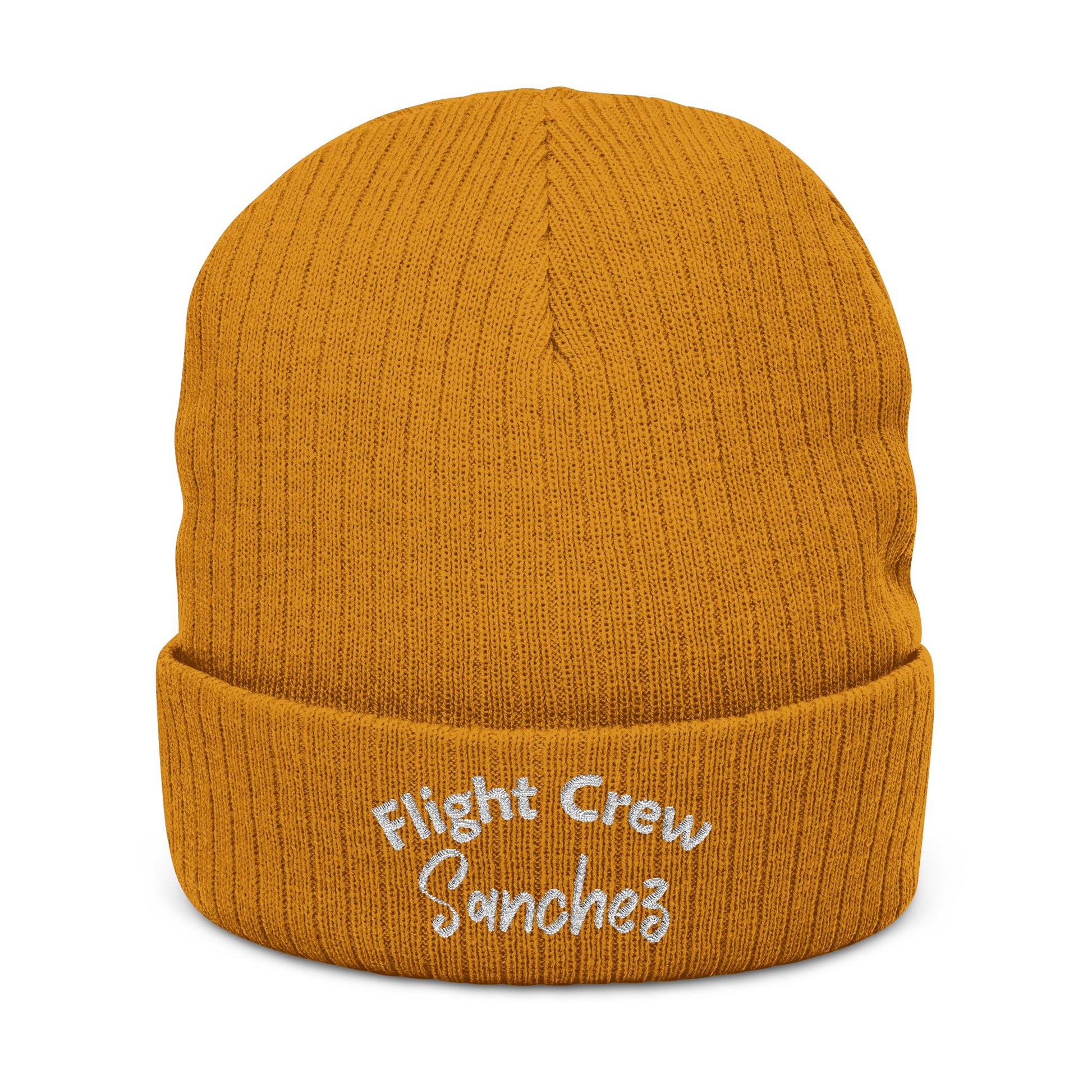 Mustard yellow beanie with 'Flight Crew Sanchez' embroidery on a white background