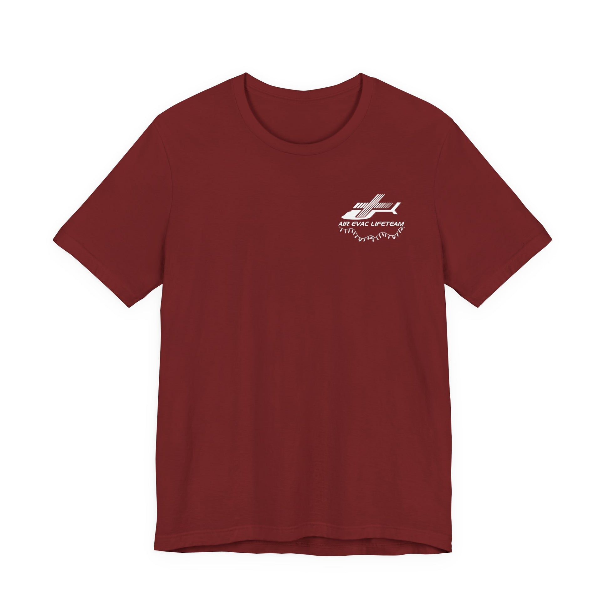 Maroon t-shirt with an Air Evac logo and Christmas lights on a white background