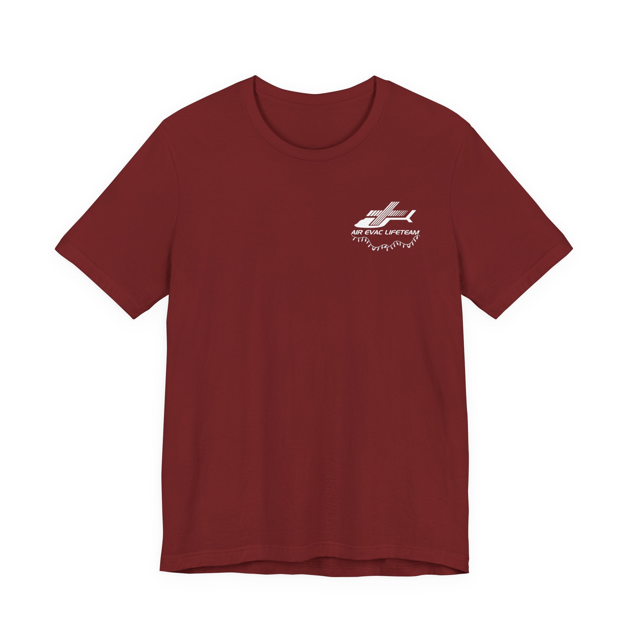 Maroon t-shirt with an Air Evac logo and Christmas lights on a white background