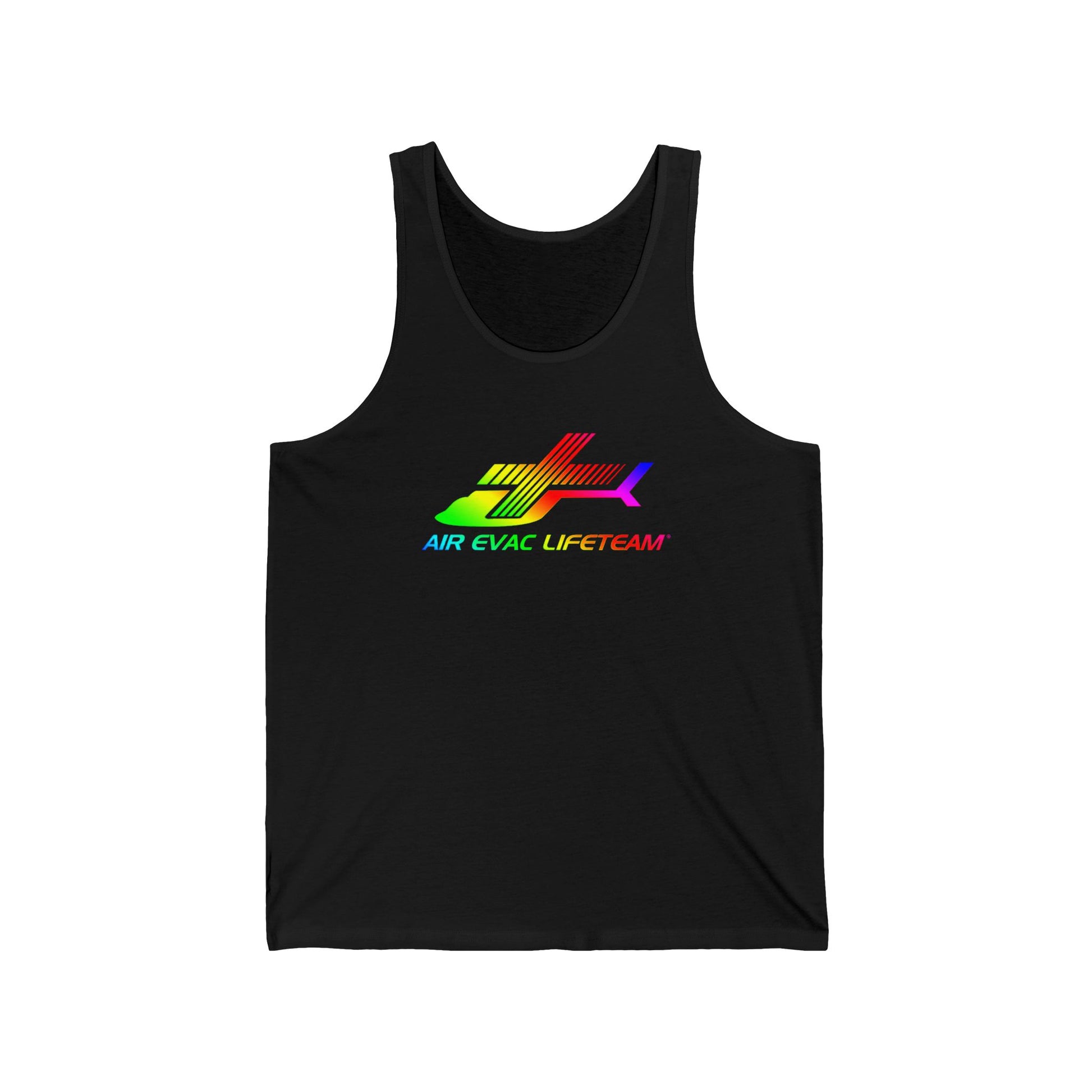 Black tank top with rainbow Air Evac Lifeteam logo by Rotor Wash & Wear