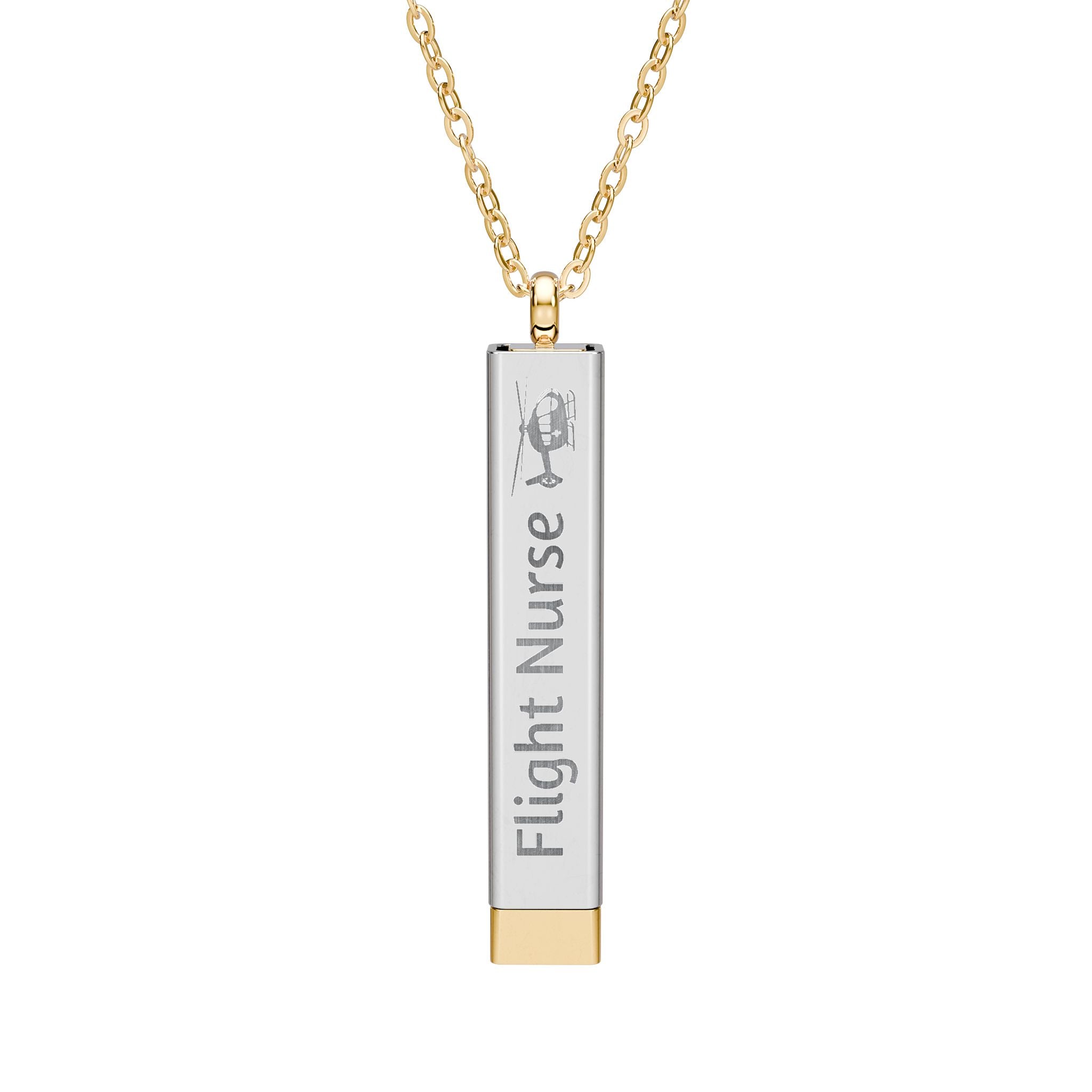 Silver and gold two-toned necklace with a cylindrical pendant engraved with 'flight nurse' with hidden interior engraving "Fly Safe. Come home." by Rotor Wash & Wear