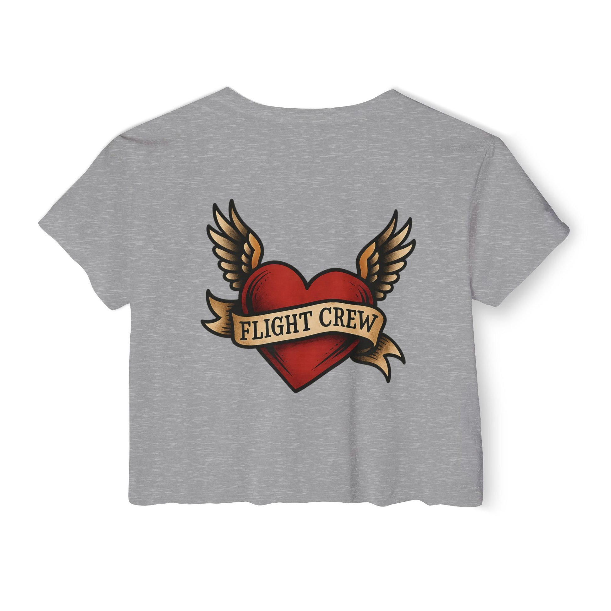 Gray crop top with a red heart and wings design featuring 'FLIGHT CREW' text on a white background
