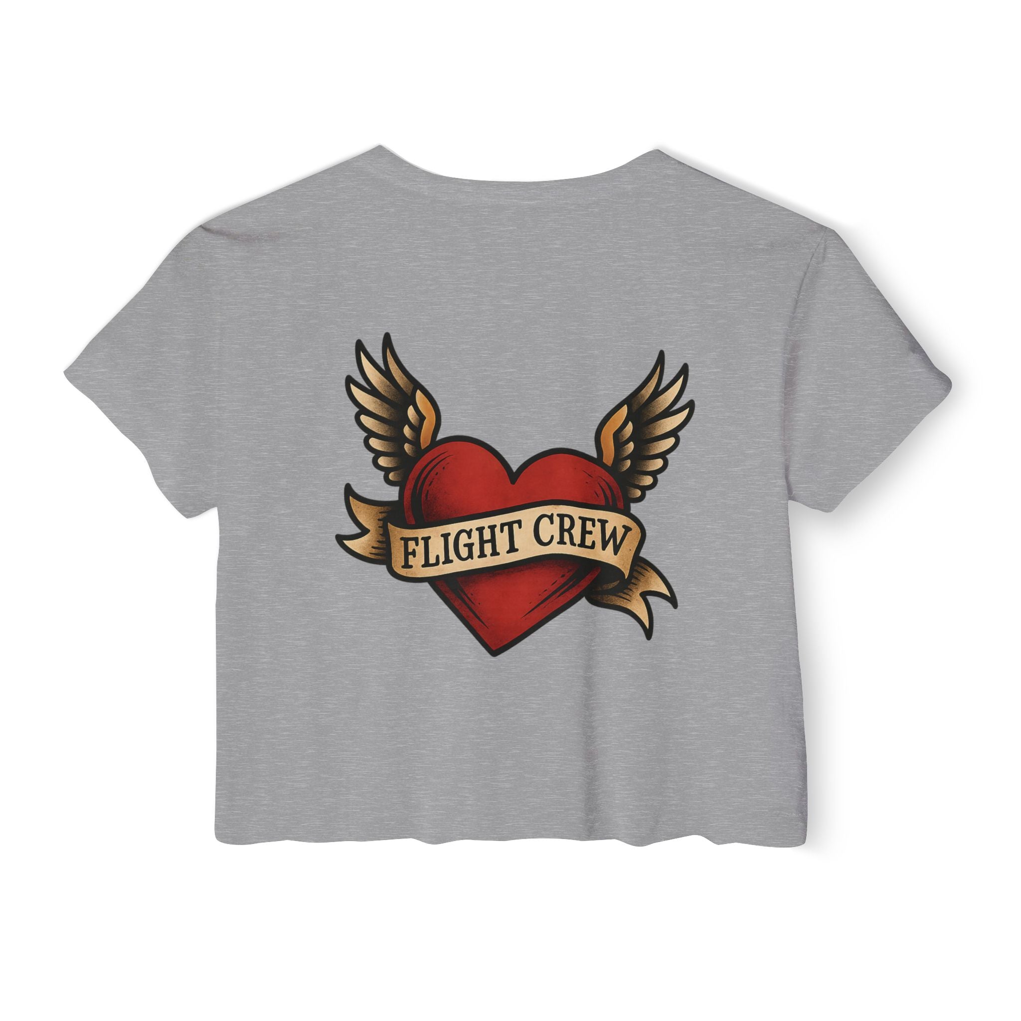 Gray crop top with a red heart and wings design featuring 'FLIGHT CREW' text on a white background
