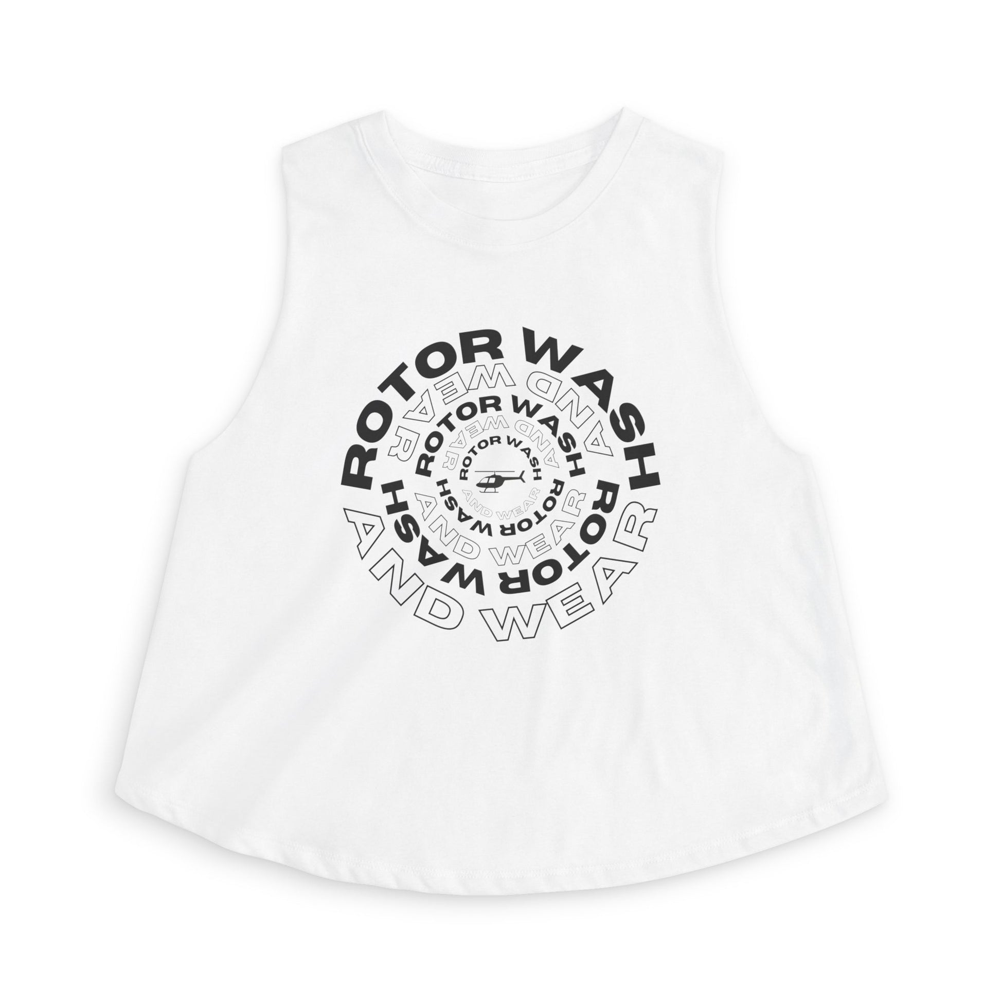 White tank top with 'Rotor Wash & Wear' circle logo design on a white background