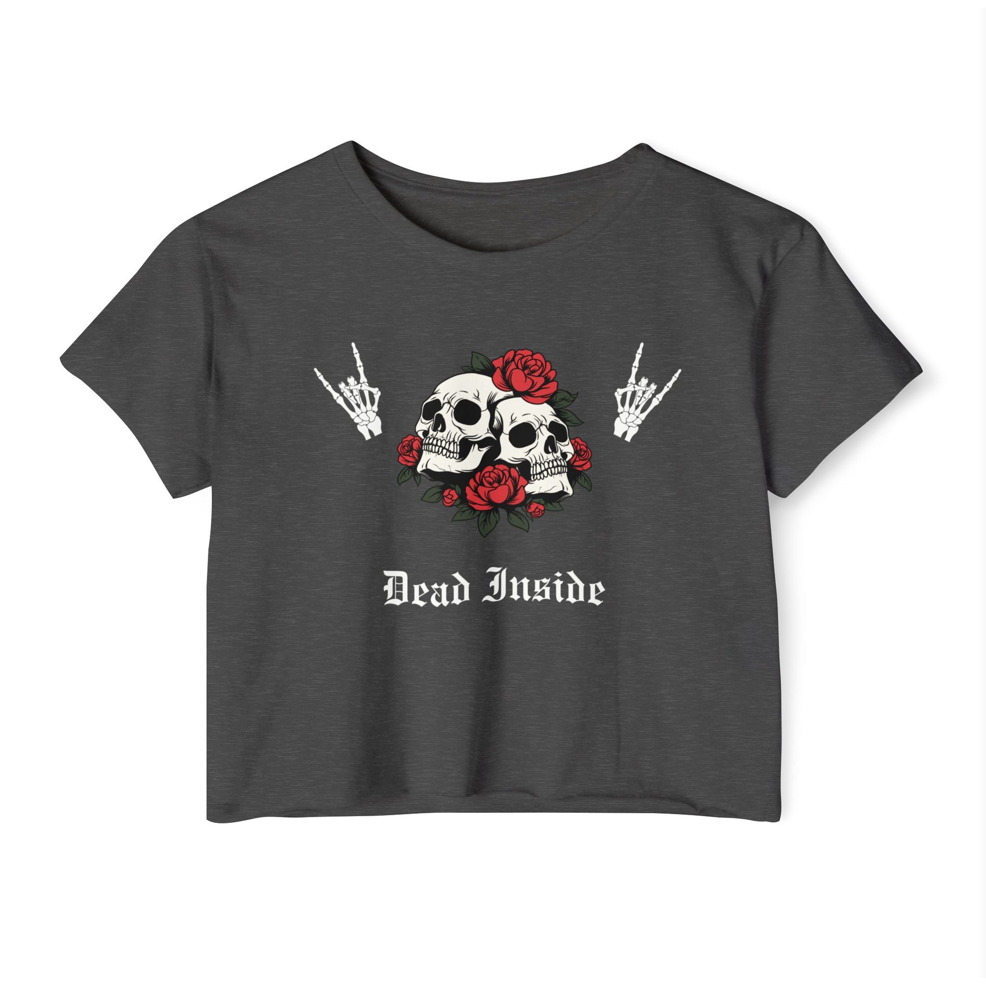 Gray t-shirt with skull and roses design and 'Dead Inside' text by Rotor Wash & Wear