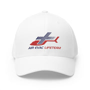 A white baseball cap featuring a red and navy blue embroidered logo of 'AIR EVAC LIFETEAM' underneath, shown on a clean white background.