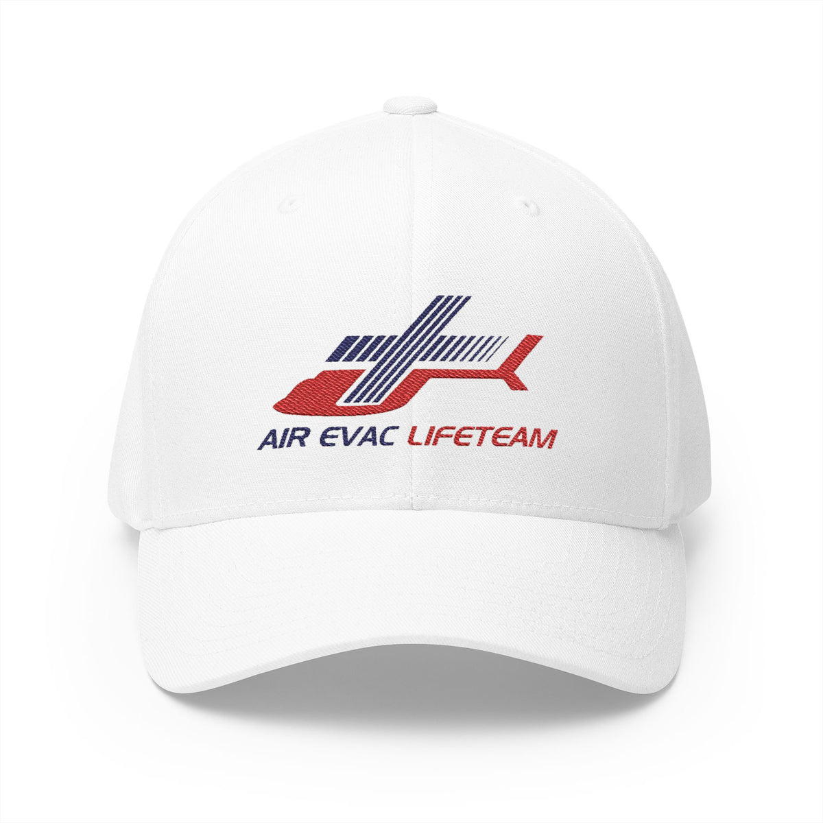 A white baseball cap featuring a red and navy blue embroidered logo of 'AIR EVAC LIFETEAM' underneath, shown on a clean white background.