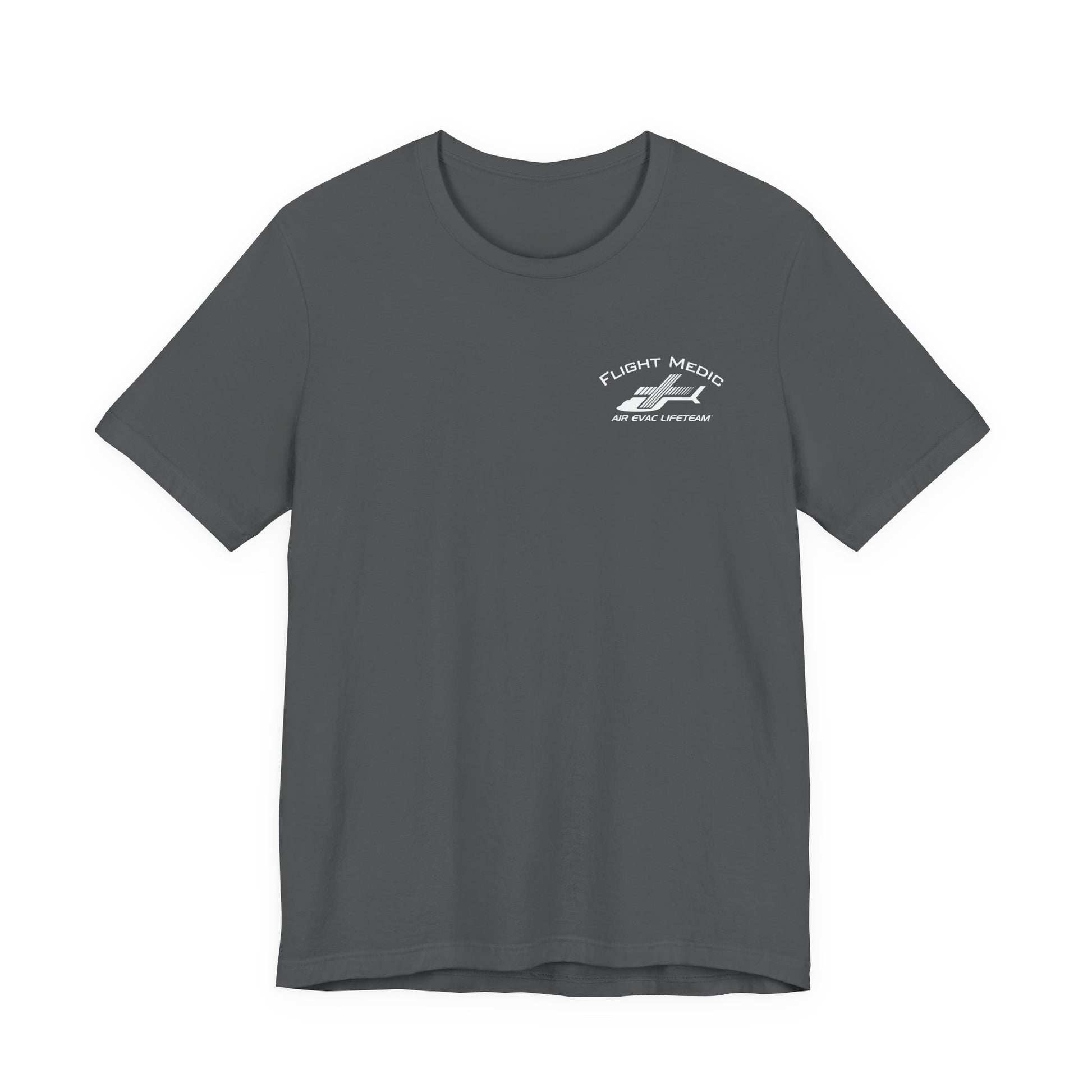 Gray t-shirt with small 'Flight Medic" text and Air Evac Lifeteam' logo on the left chest by Rotor Wash & Wear