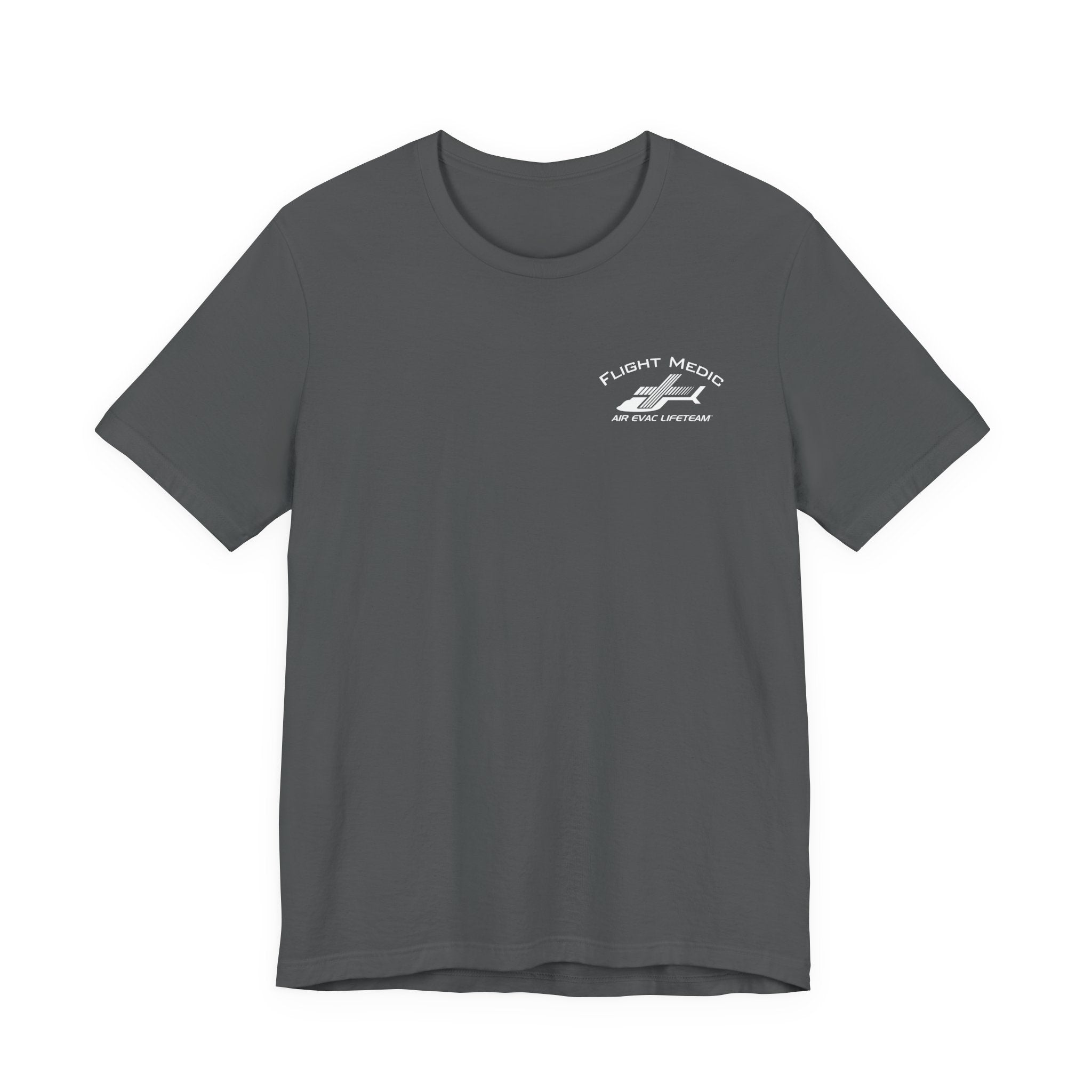 Gray t-shirt with small 'Flight Medic" text and Air Evac Lifeteam' logo on the left chest by Rotor Wash & Wear