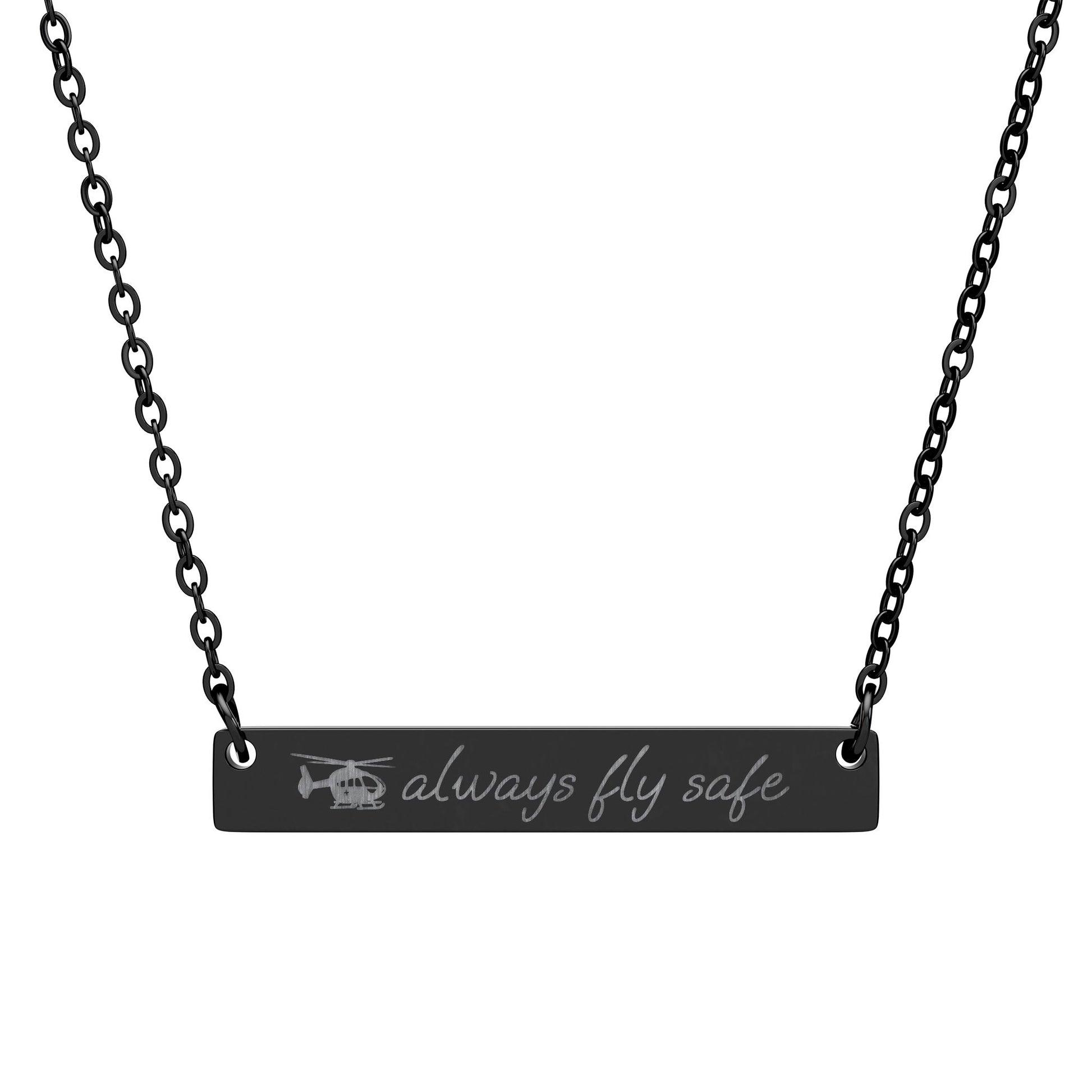 Black necklace with engraved medical helicopter and  'always fly safe' by Rotor Wash & Wear