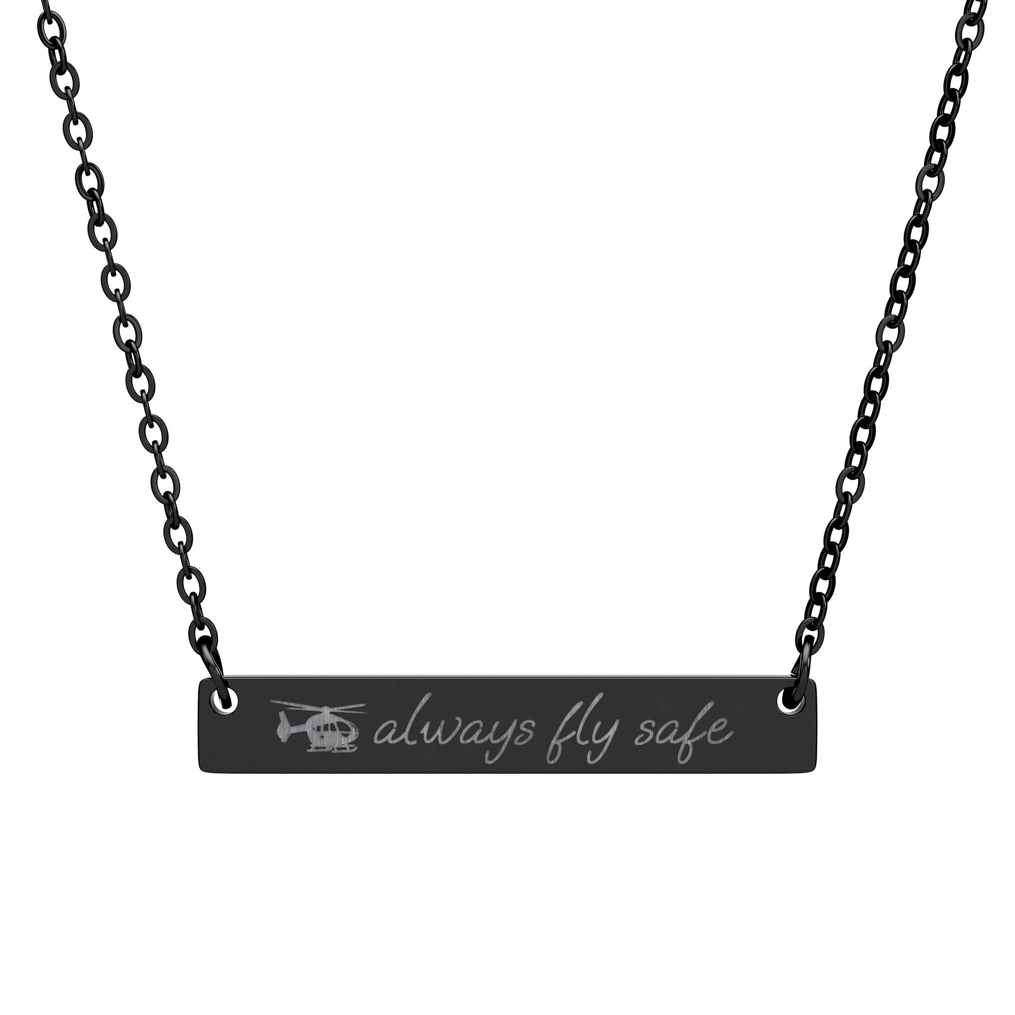 Black necklace with engraved medical helicopter and  'always fly safe' by Rotor Wash & Wear