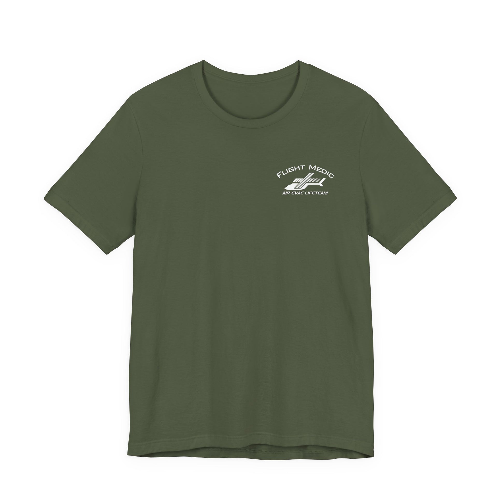 Green t-shirt with small 'Flight Medic" text and Air Evac Lifeteam' logo on the left chest by Rotor Wash & Wear