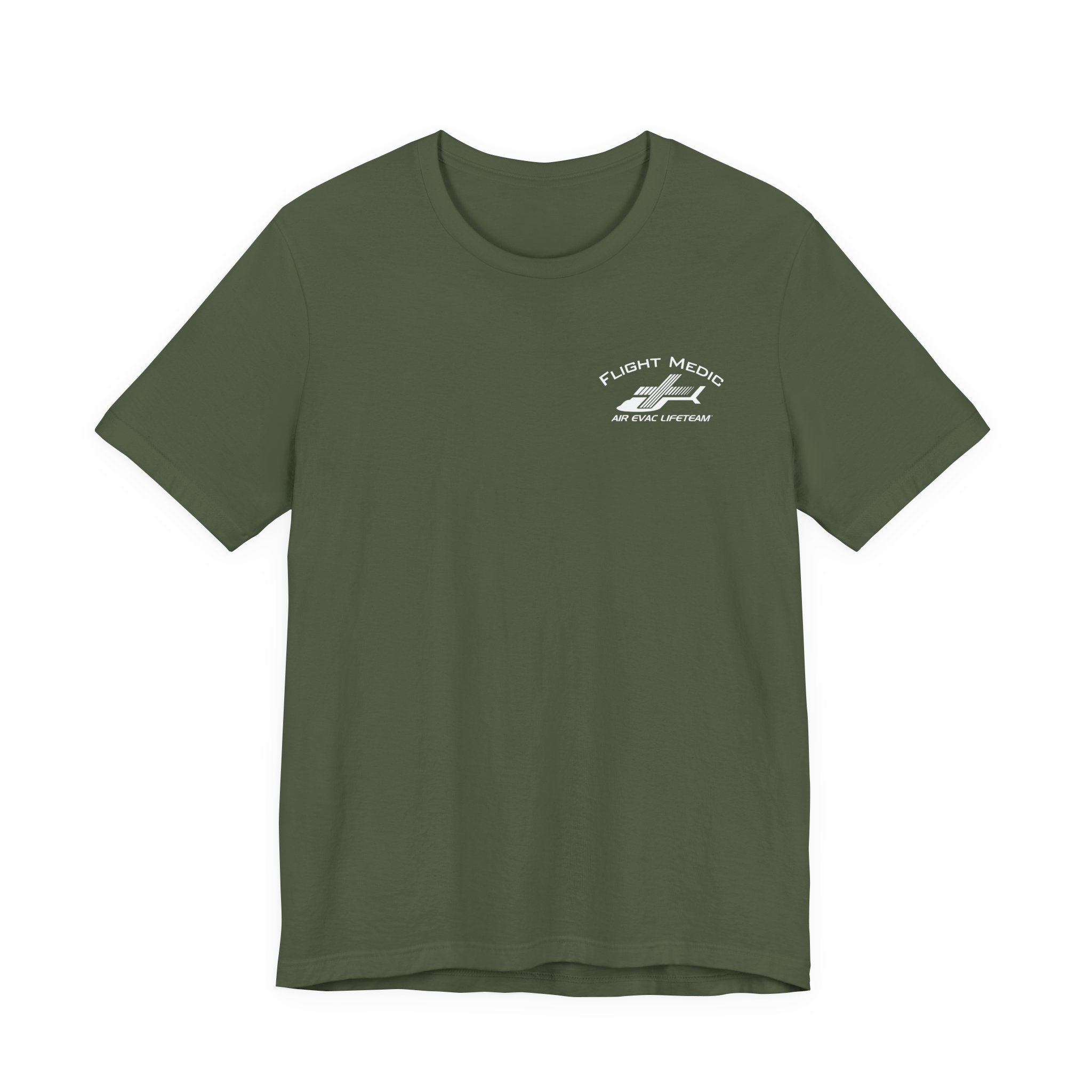Green t-shirt with small 'Flight Medic" text and Air Evac Lifeteam' logo on the left chest by Rotor Wash & Wear