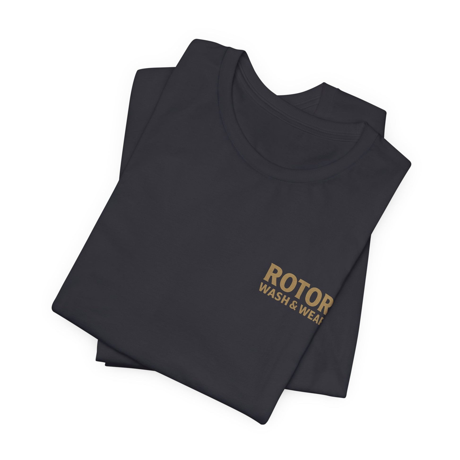 Folded gray t-shirt with 'Rotor Wash & Wear' text on a white background